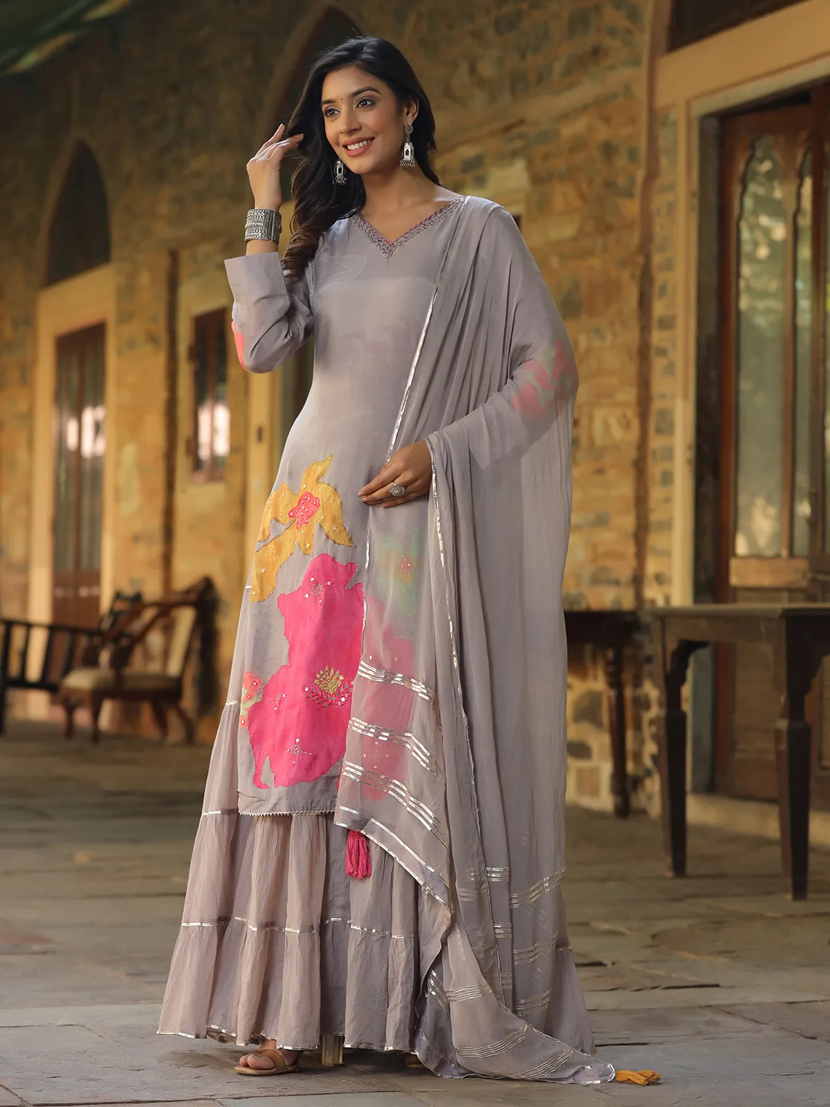 Grey printed silk long kurti with dupatta