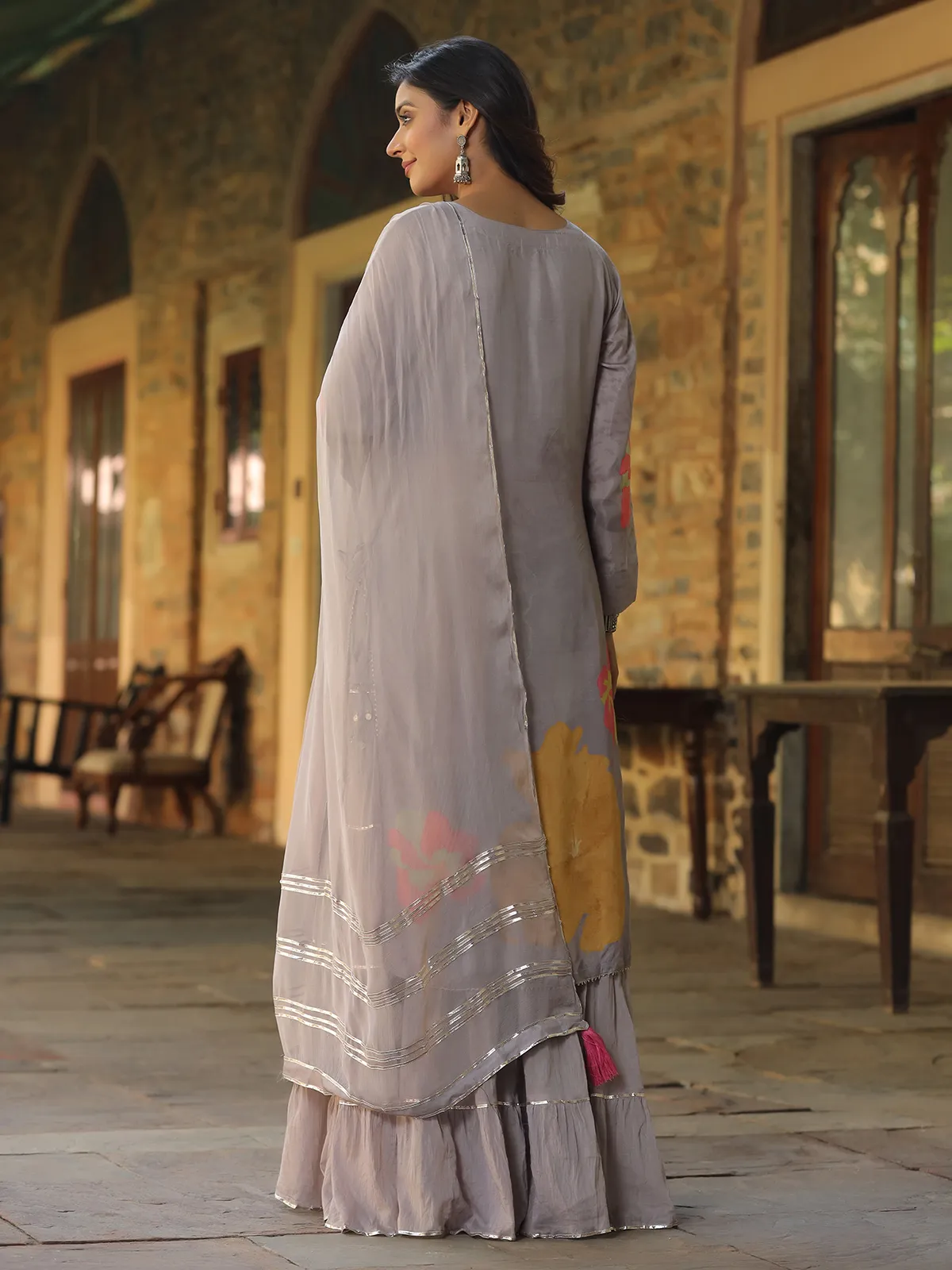 Grey printed silk long kurti with dupatta