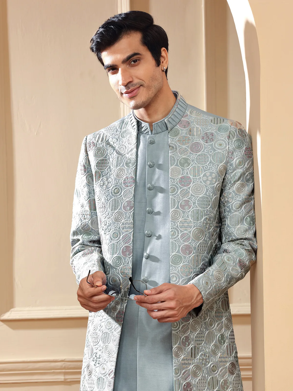 Grey raw silk embroidery indowestern