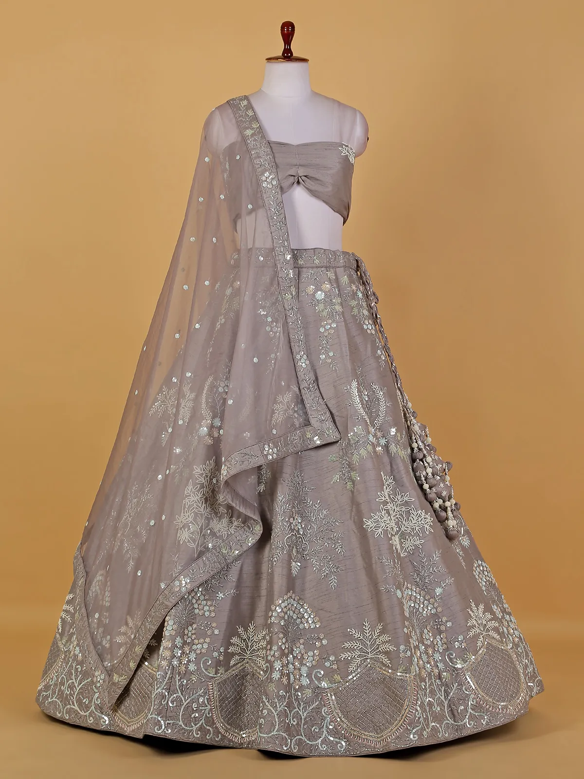 Grey raw silk unstitched lehenga choli for reception