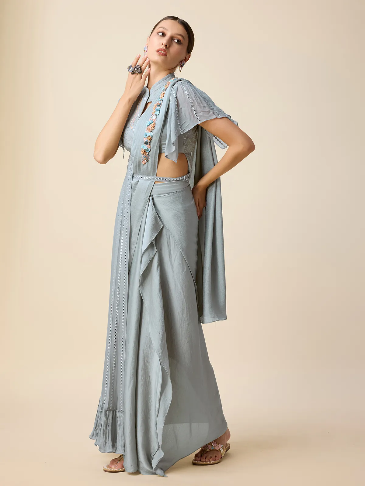 Grey ready to wear indowestern look saree