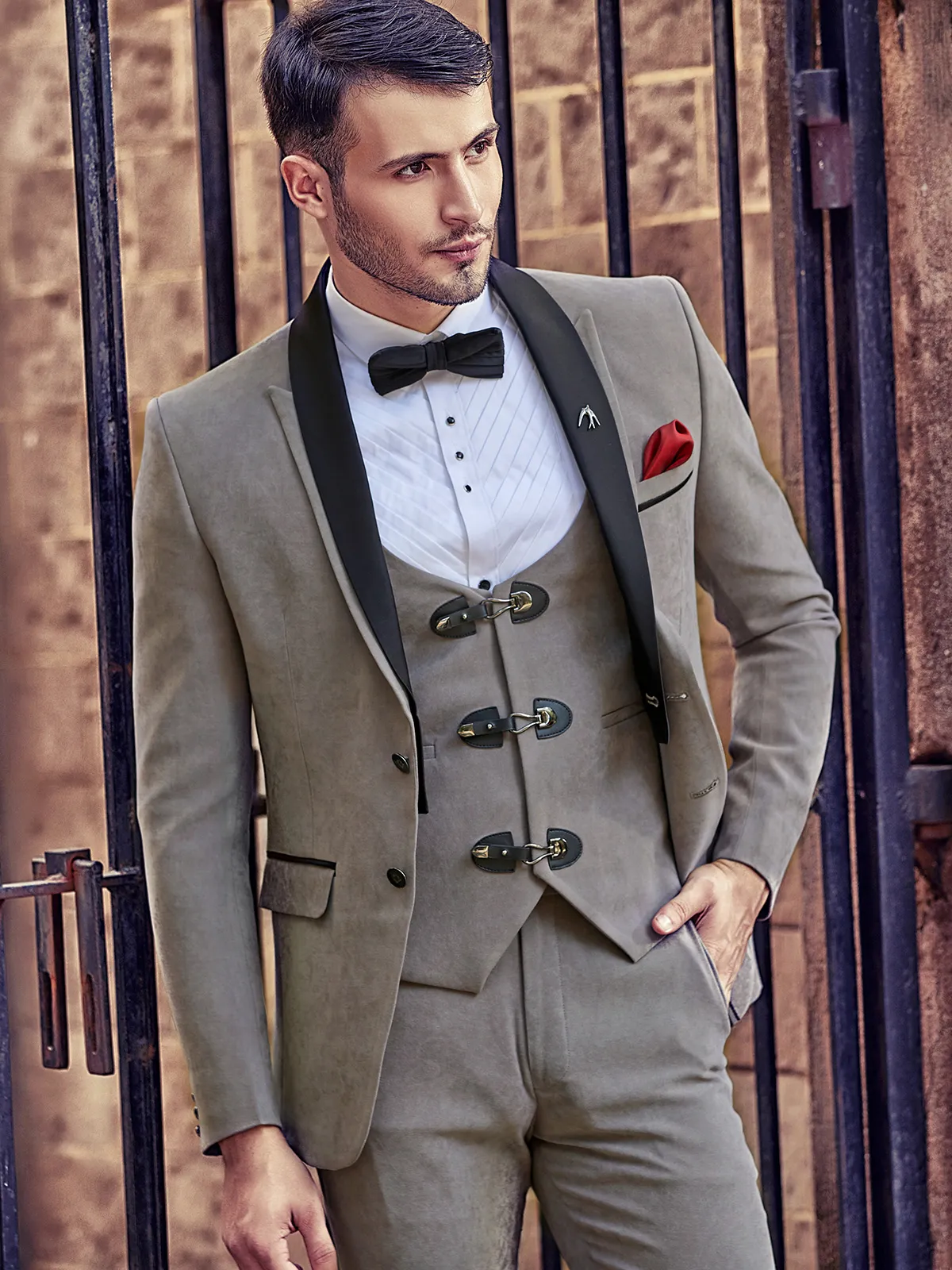 Grey reception wear coat suit in suede