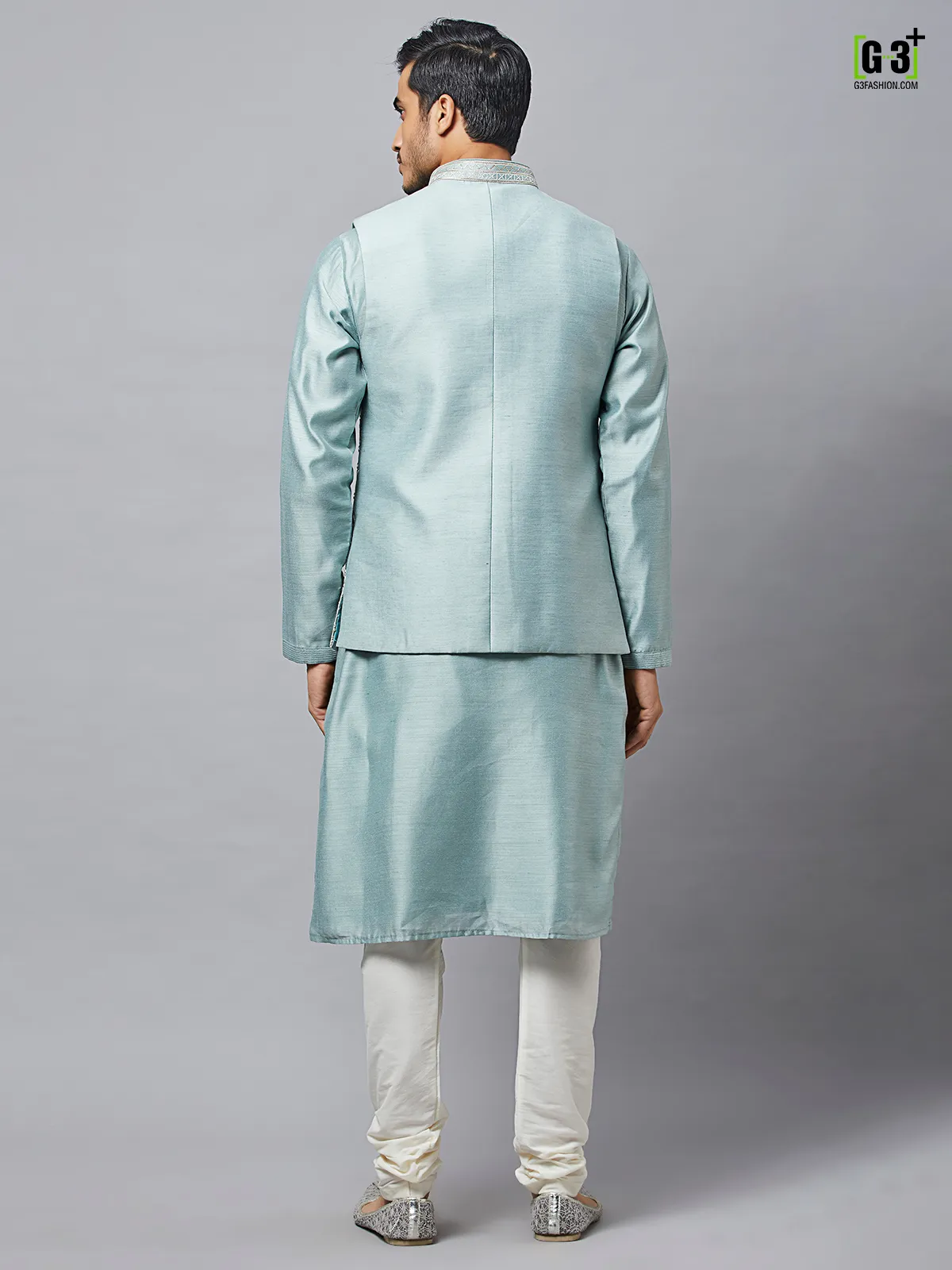 Pistachio green shade waistcoat set with raw silk fabric