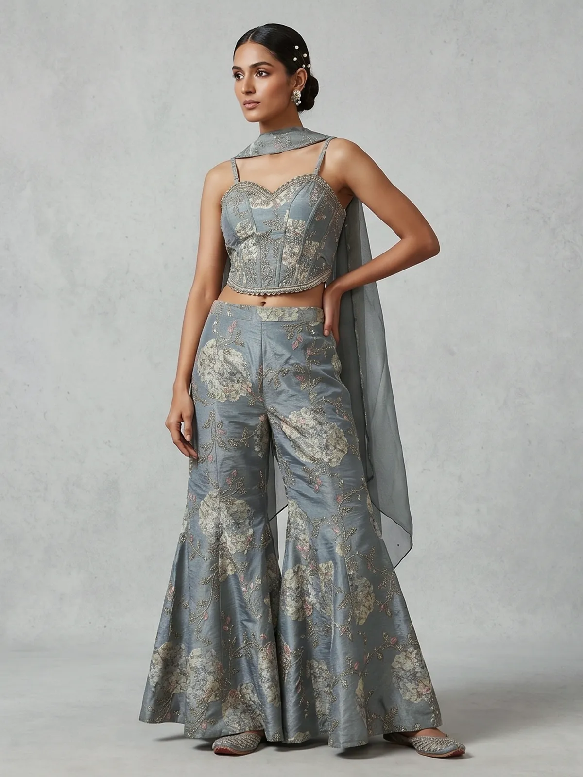 grey sharara dress Grey Embroidered Silk Sharara Suit