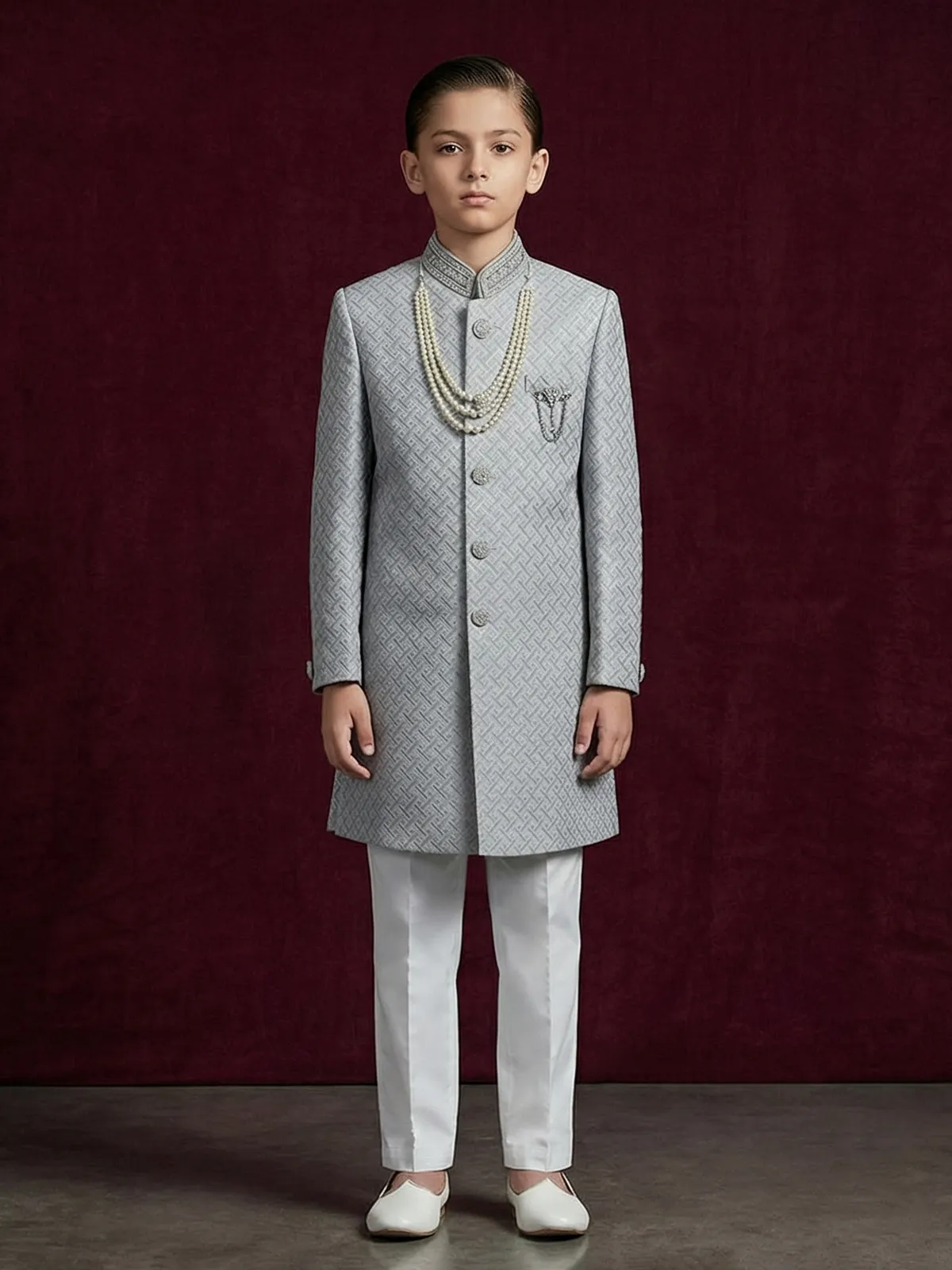 Grey silk embroidered texture festive boys indowestern