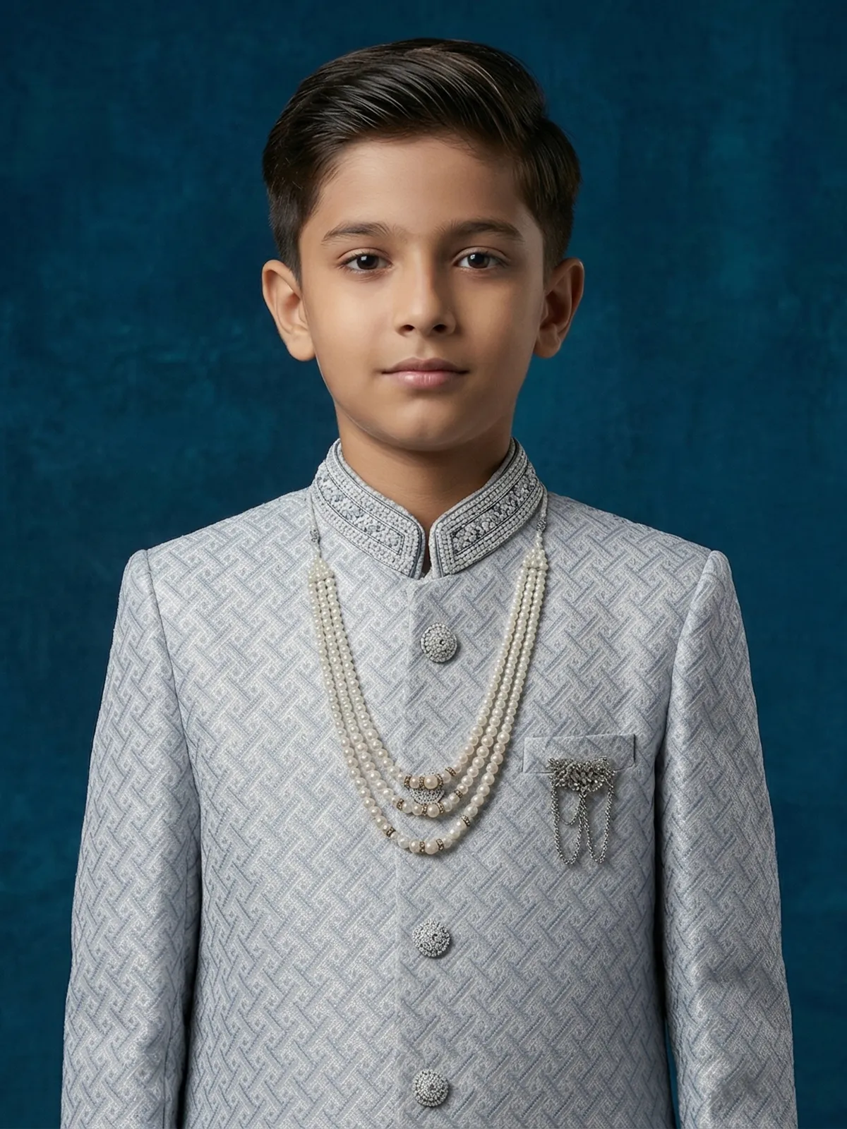 Grey silk embroidered texture festive boys indowestern