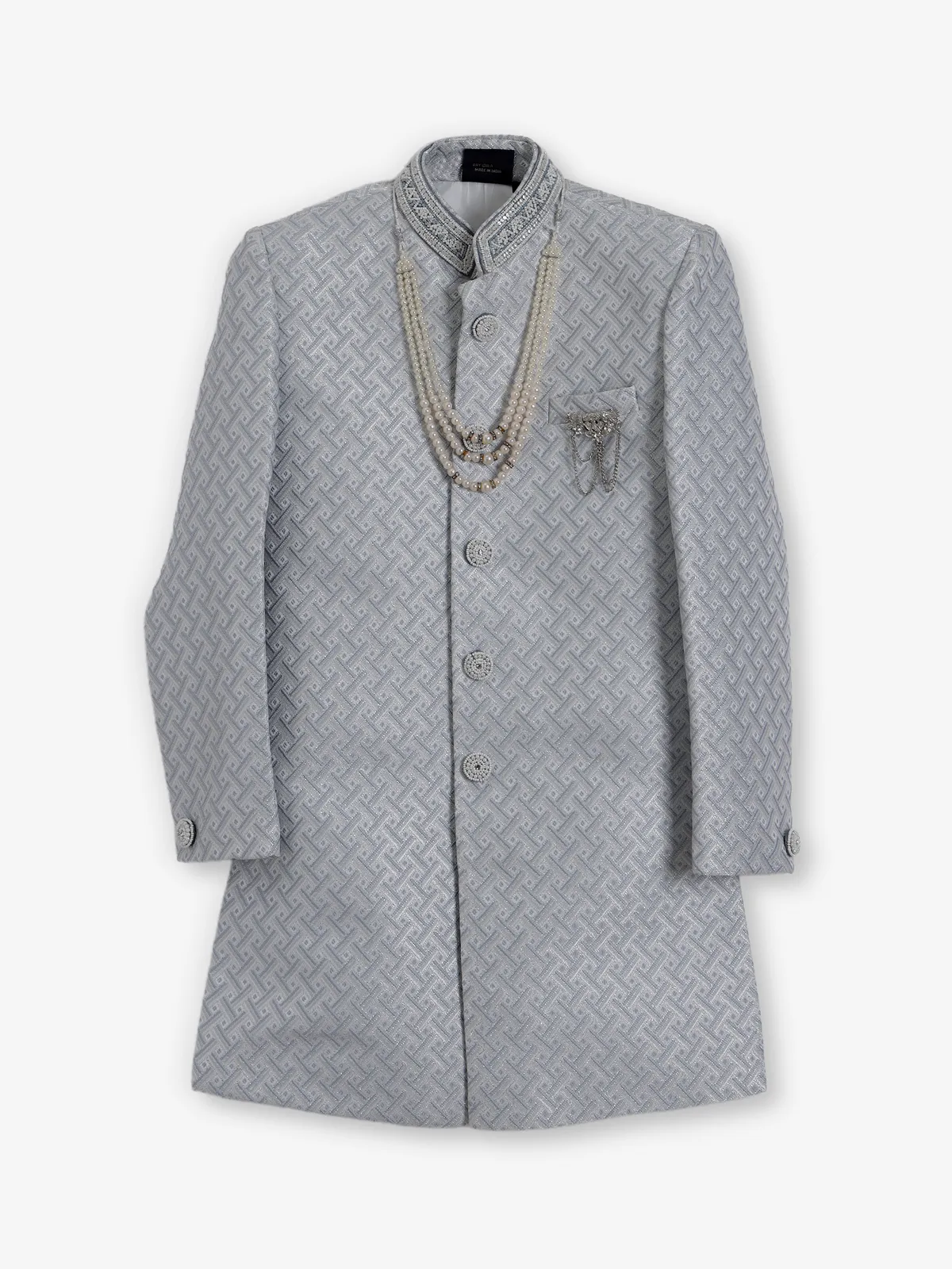 Grey silk embroidered texture festive boys indowestern