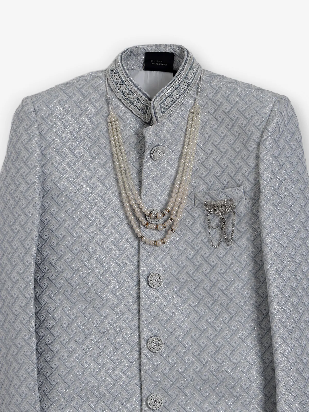 Grey silk embroidered texture festive boys indowestern