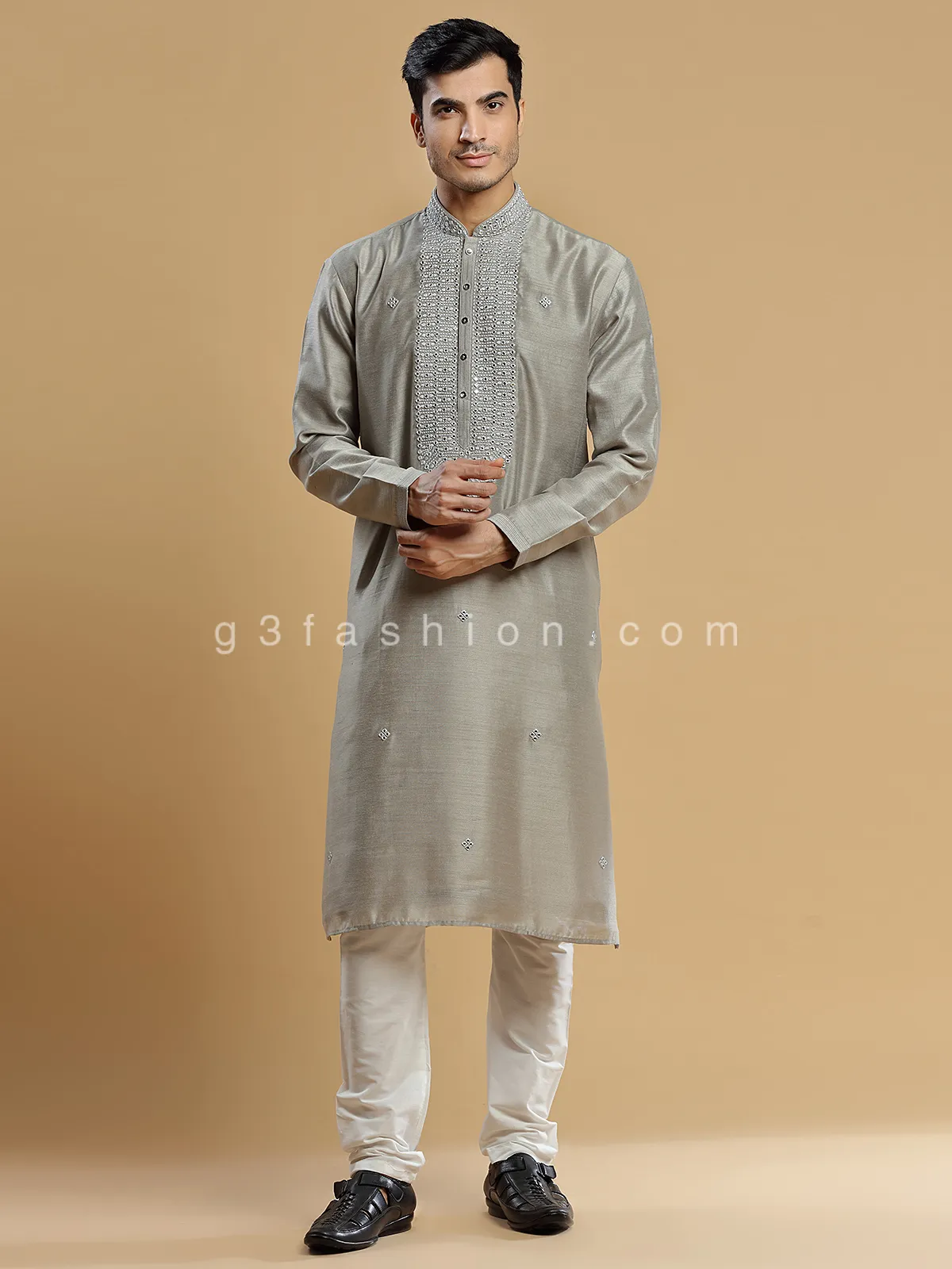 Grey silk festive look  Men Kurta pajama