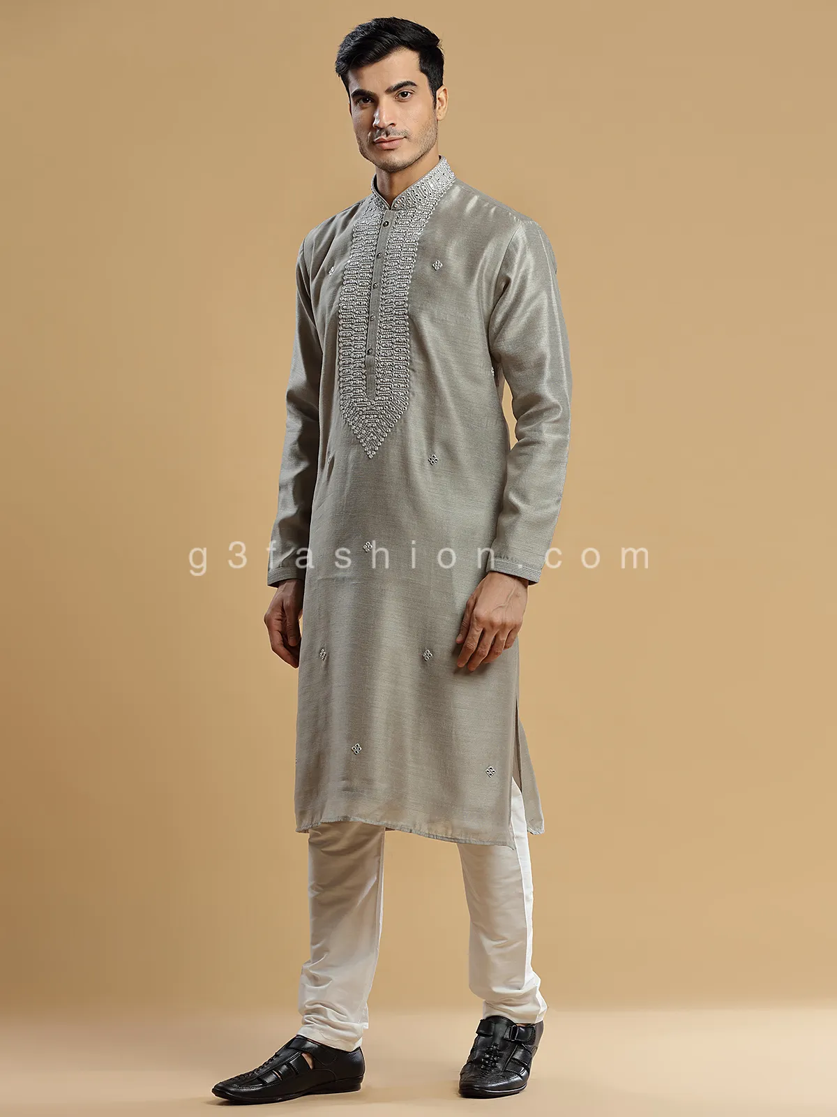 Grey silk festive look  Men Kurta pajama