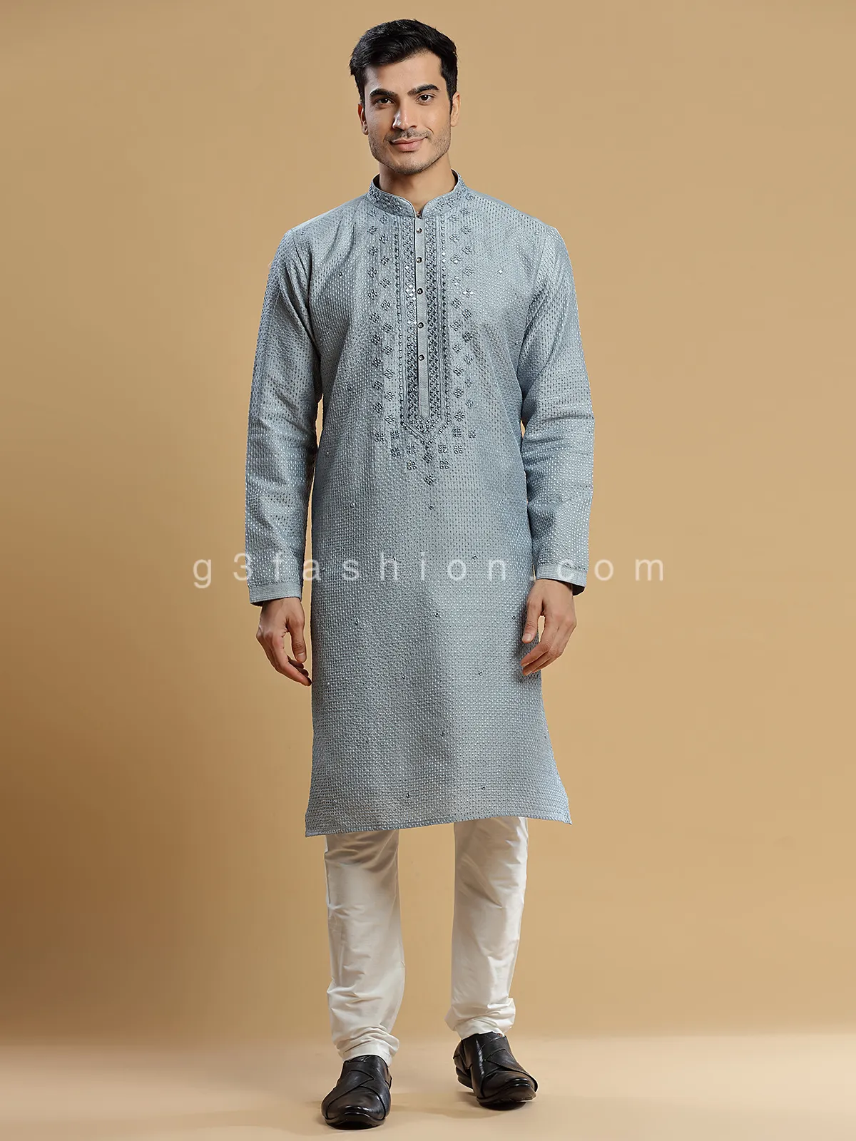 Grey silk  Men Kurta pajma for festive look