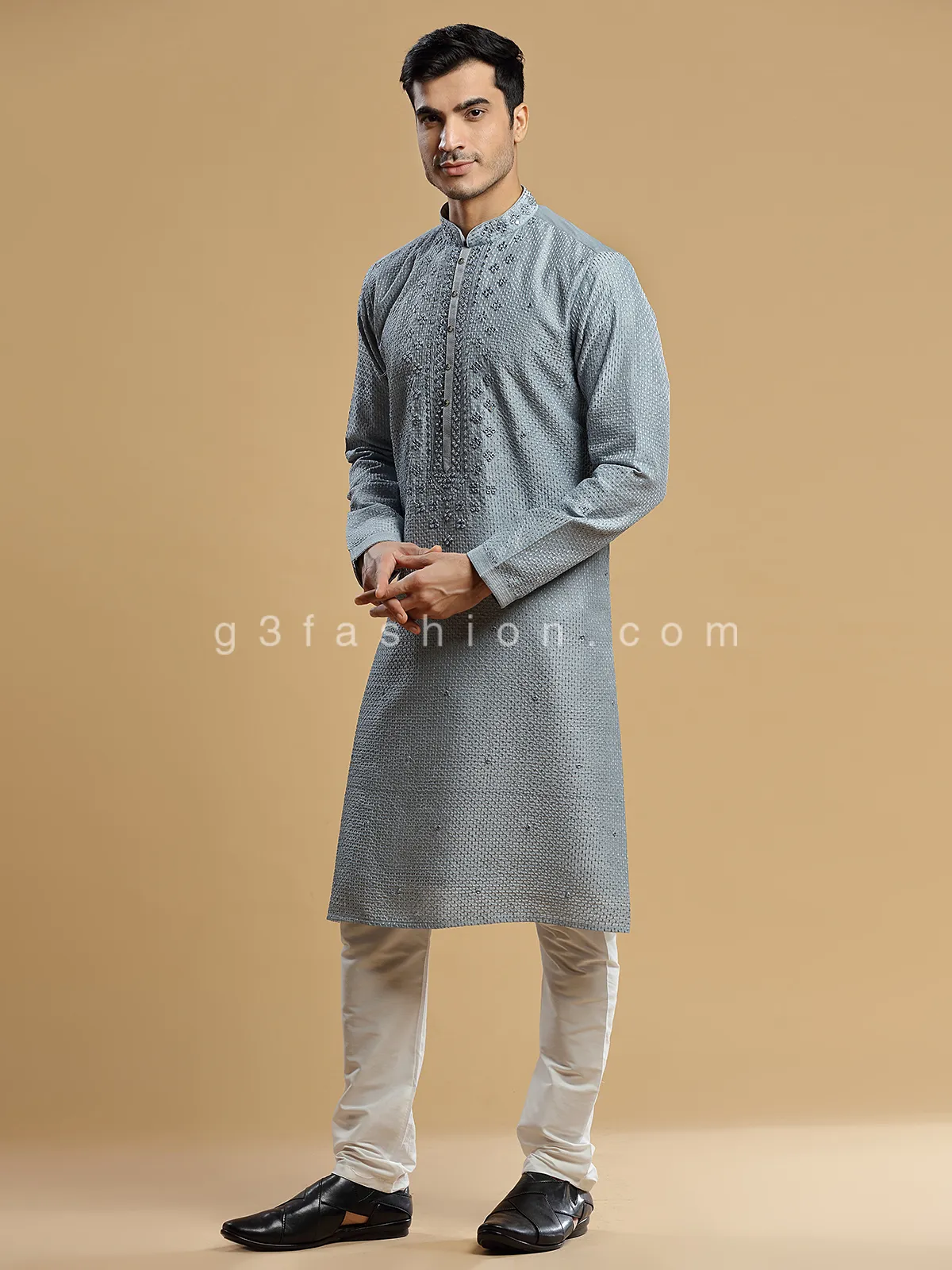 Grey silk  Men Kurta pajma for festive look