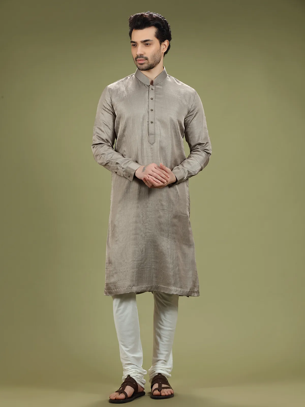 Grey silk plain  Men Kurta pajama