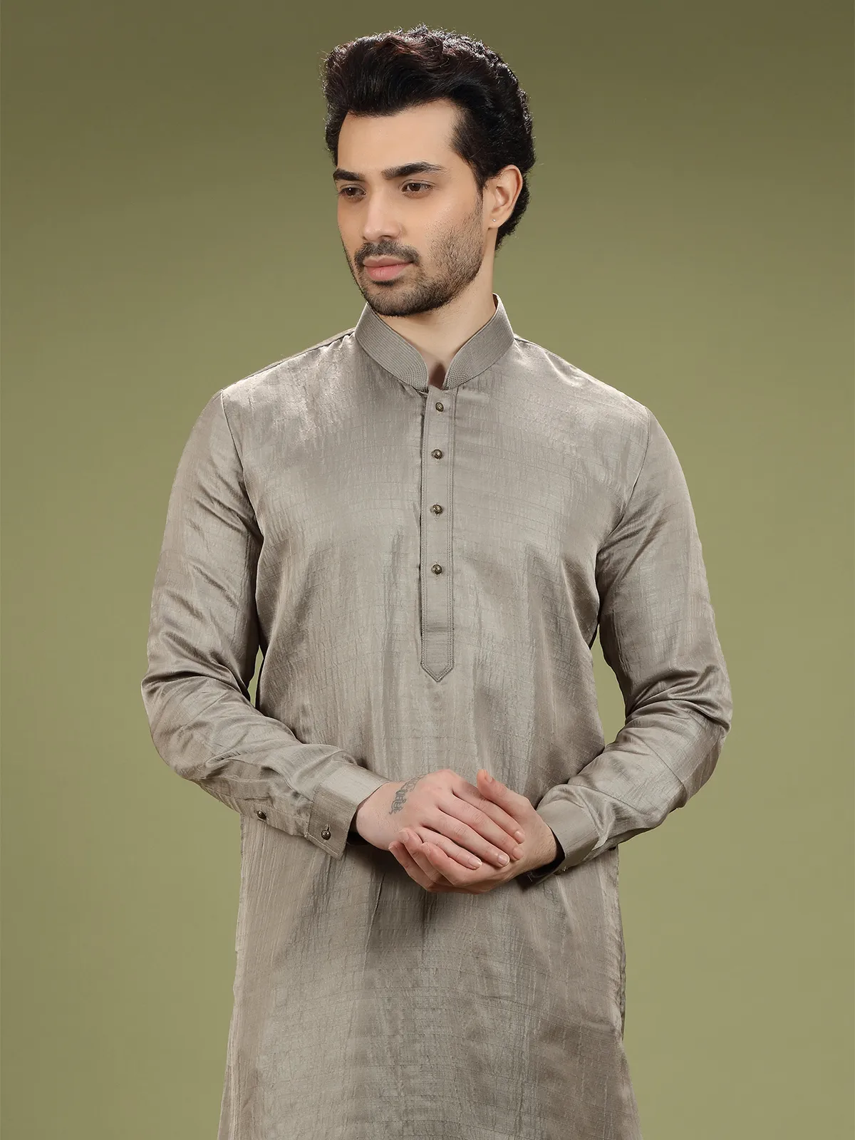 Grey silk plain kurta suit