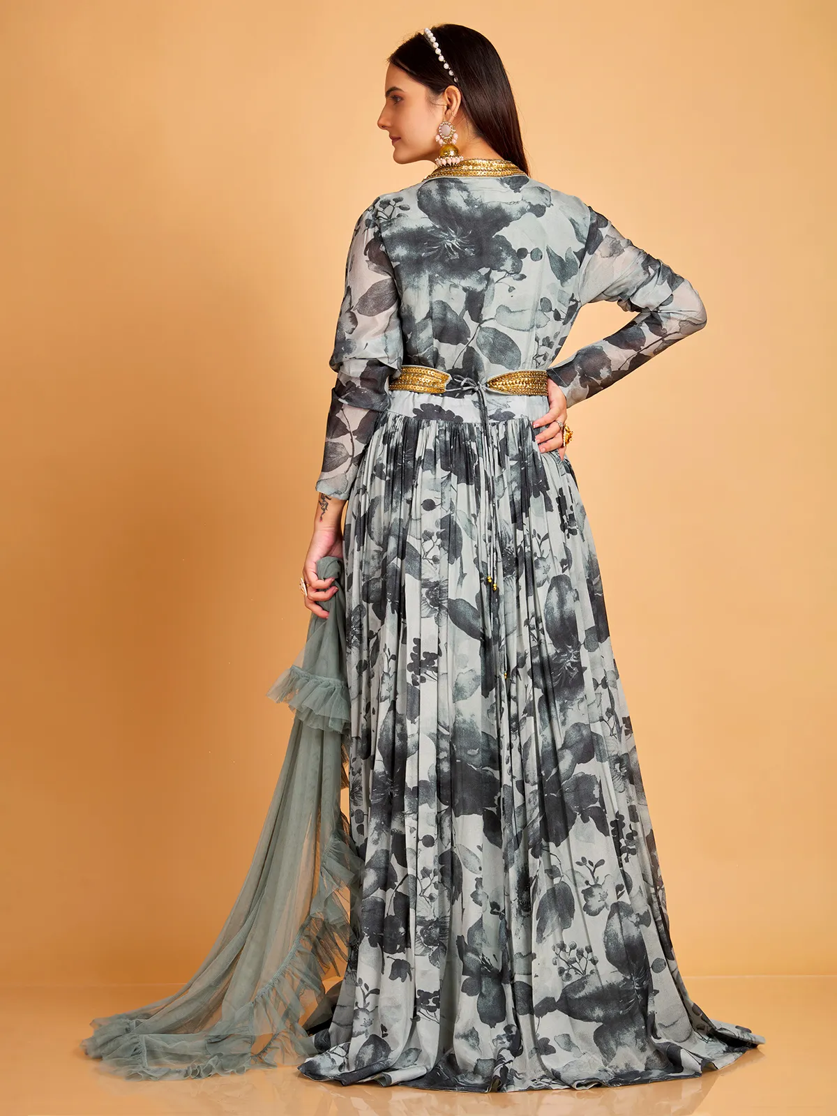 Grey silk printed floor length suit