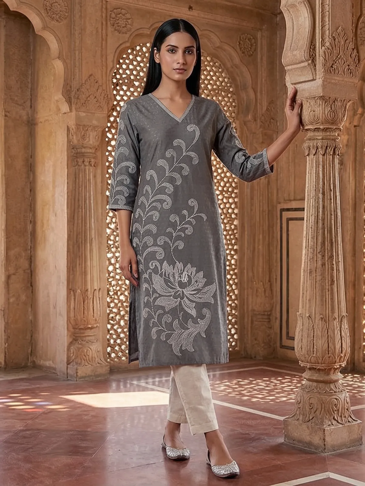Grey silk thread sequins embellished stylish casual kurti