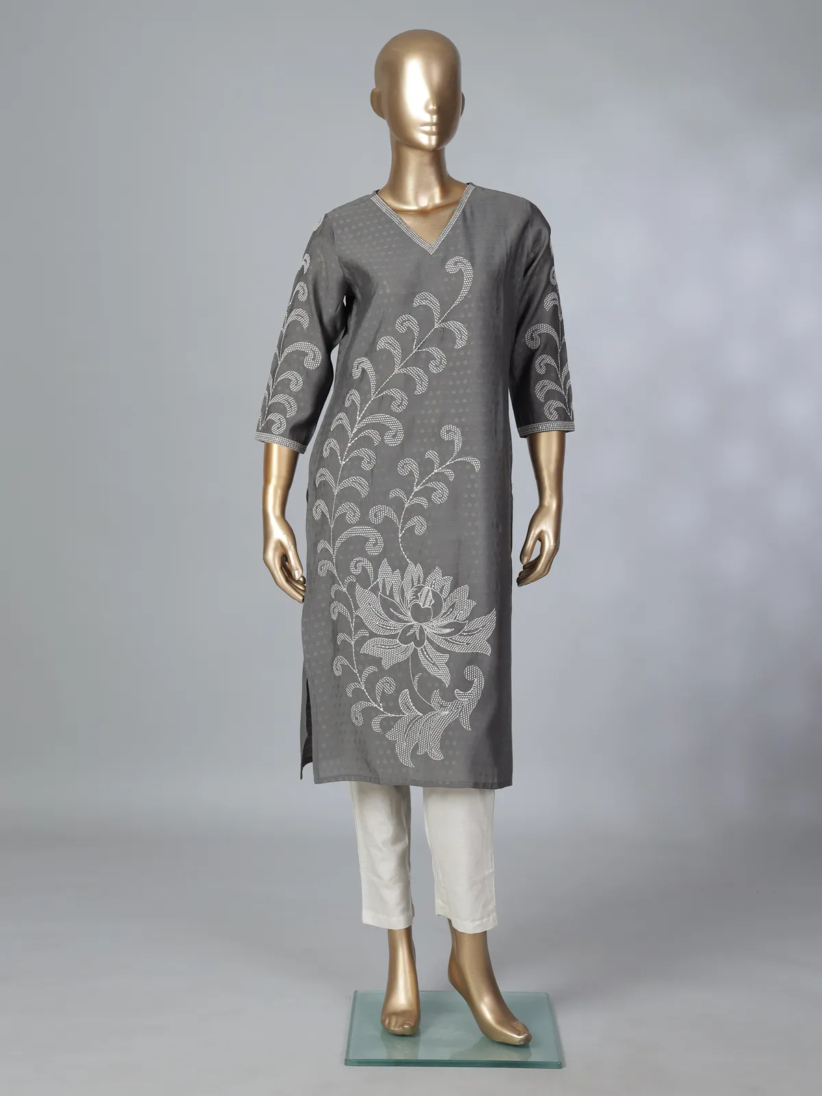 Grey silk thread sequins embellished stylish casual kurti