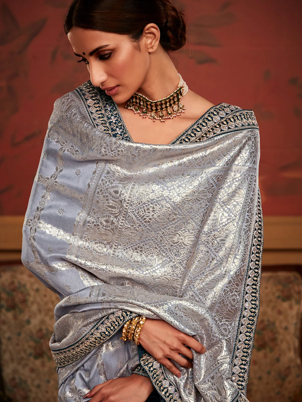 Grey soft dola silk saree