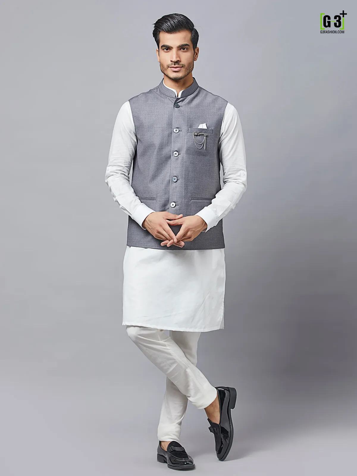 Grey solid cotton waistcoat set for mens