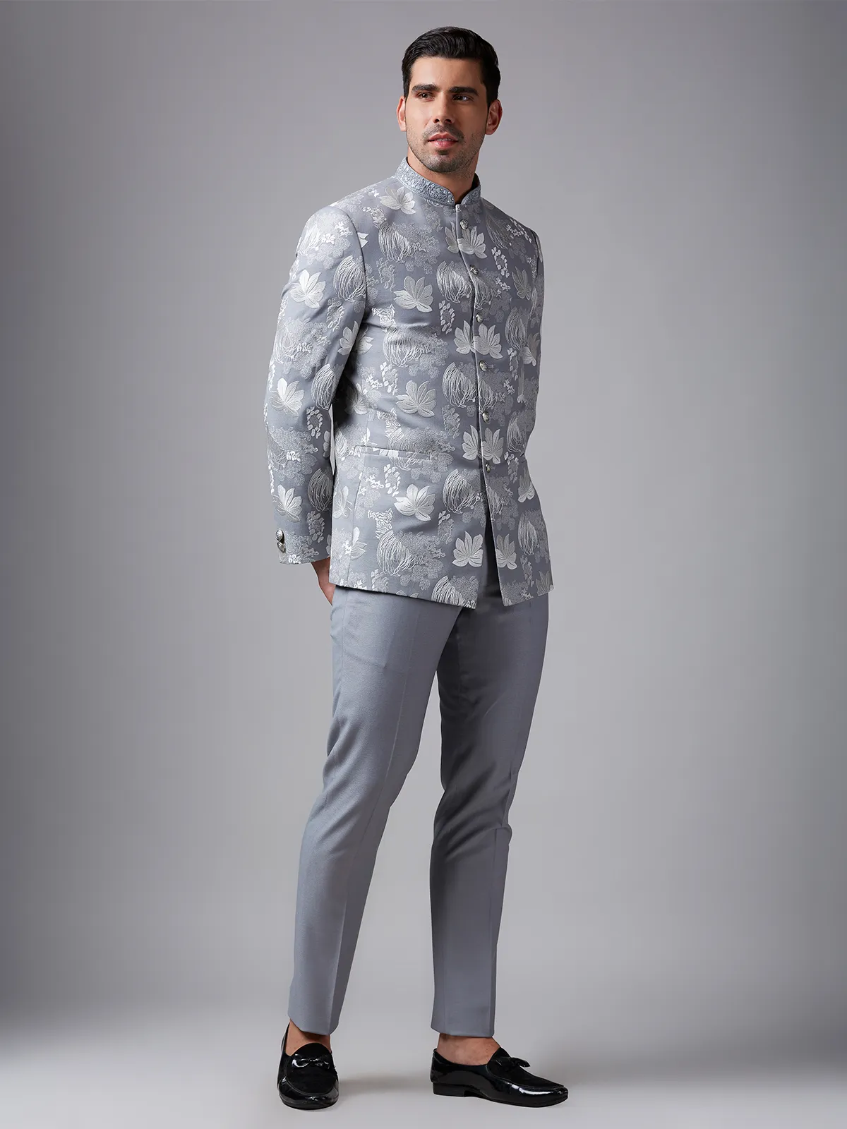 Grey terry rayon embroidery jodhpuri suit