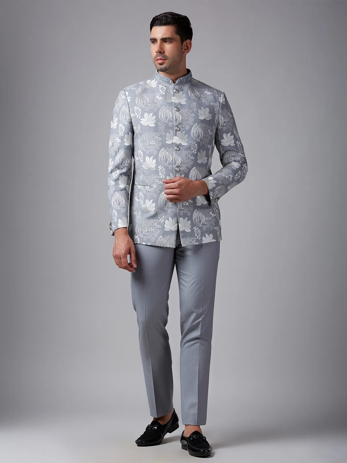 Grey terry rayon embroidery jodhpuri suit