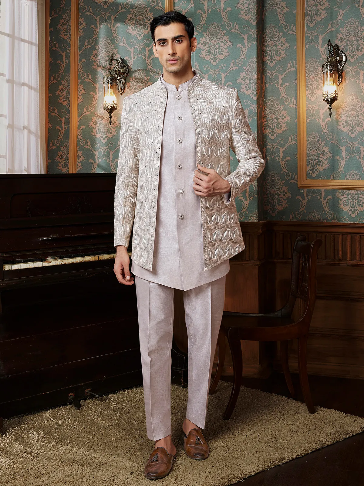 Grey terry rayon reception style Indowestern