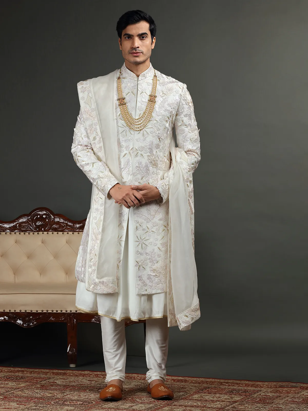 Groom off white raw silk sherwani