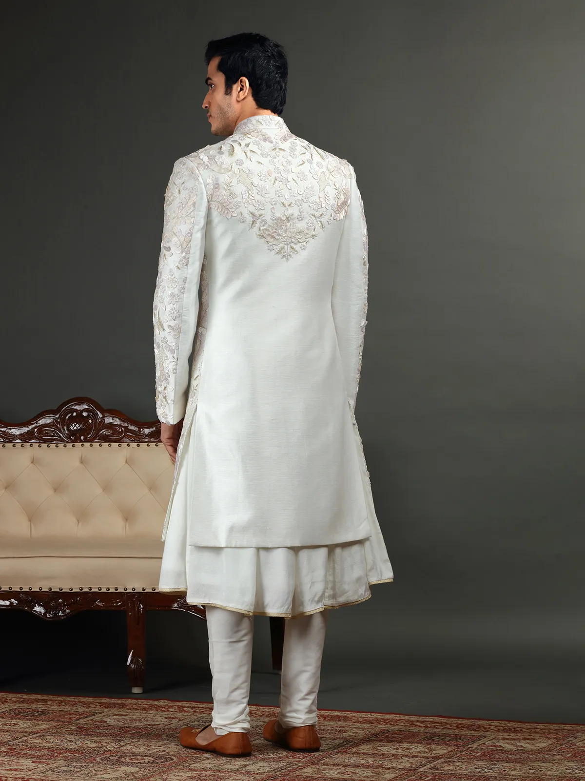 Groom off white raw silk sherwani