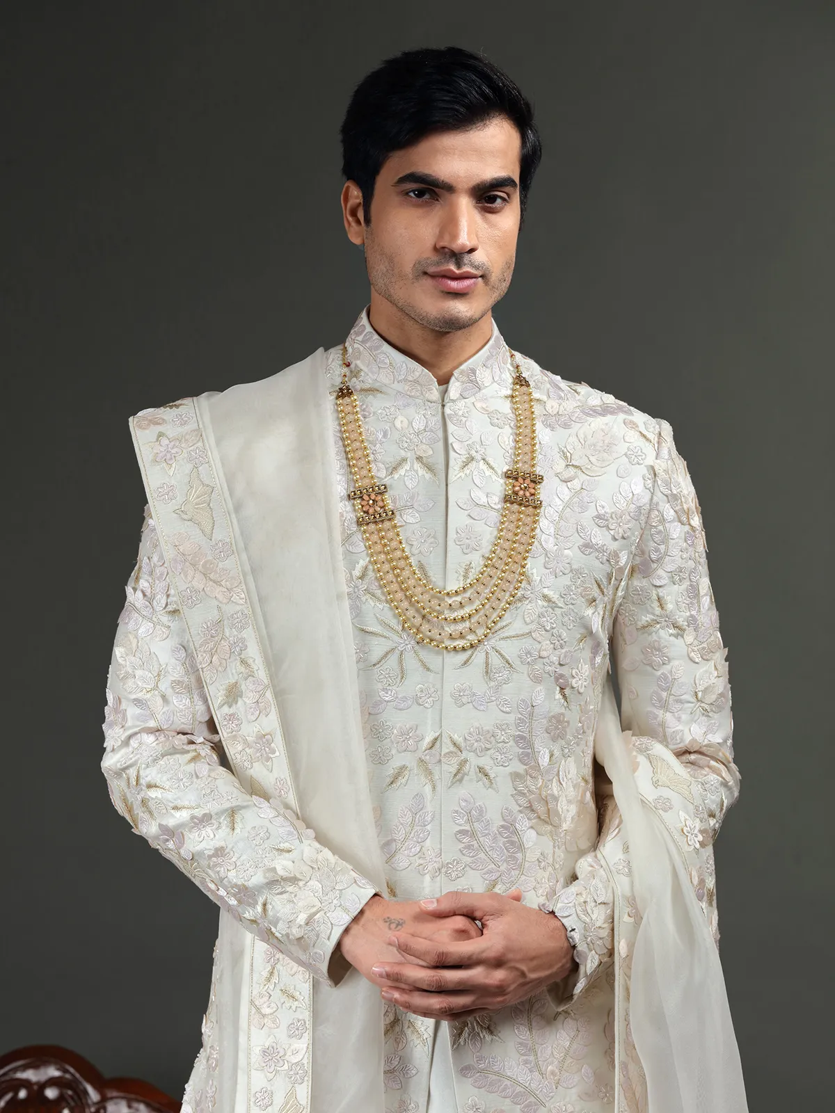 Groom off white raw silk sherwani