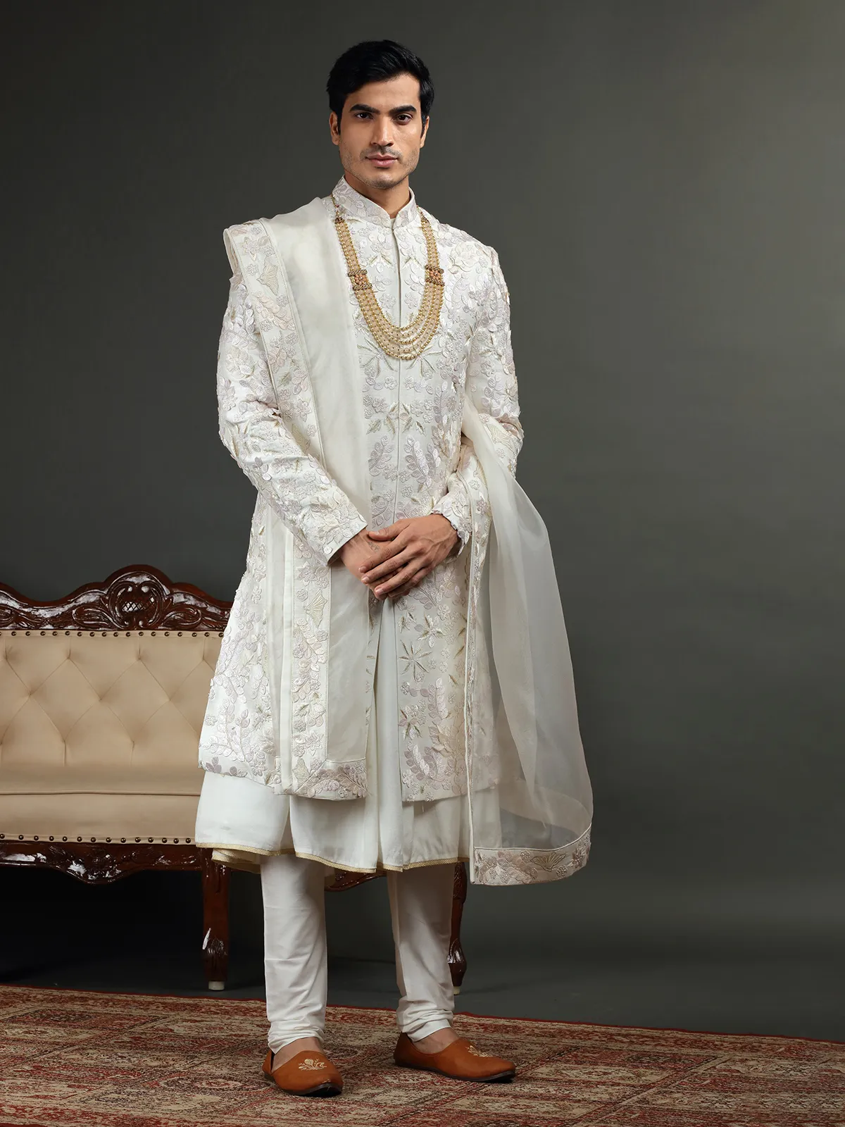 Groom off white raw silk sherwani