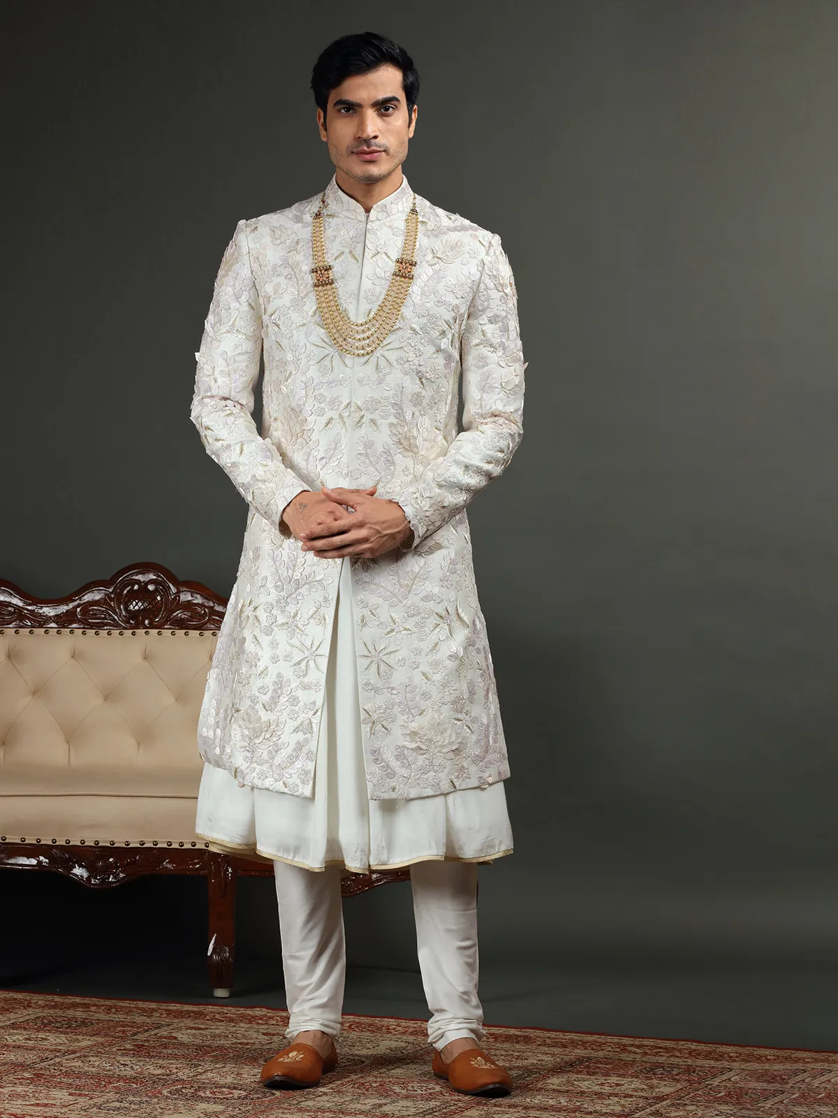 Groom off white raw silk sherwani