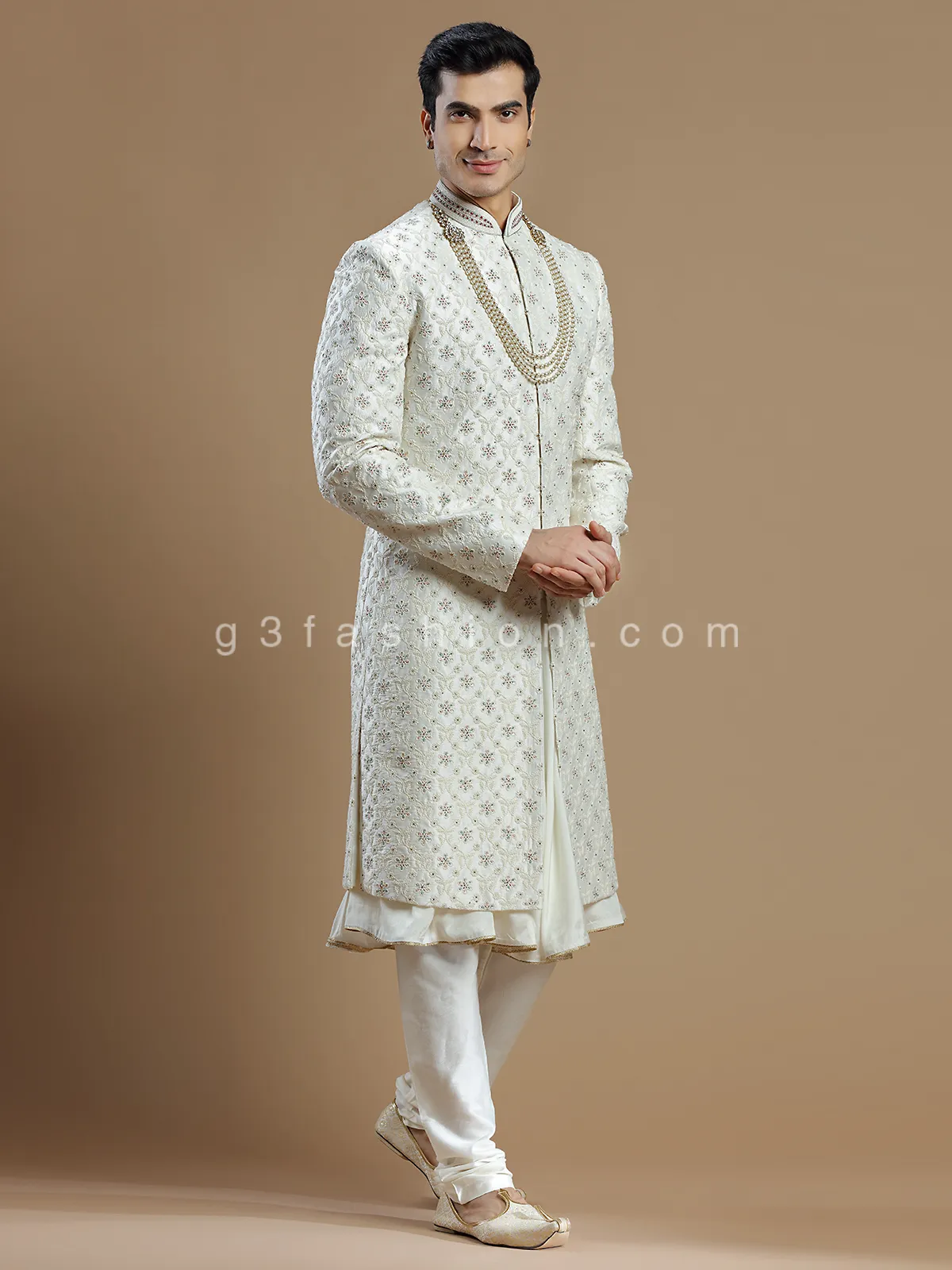 Groom wear cream raw silk fabric sherwani