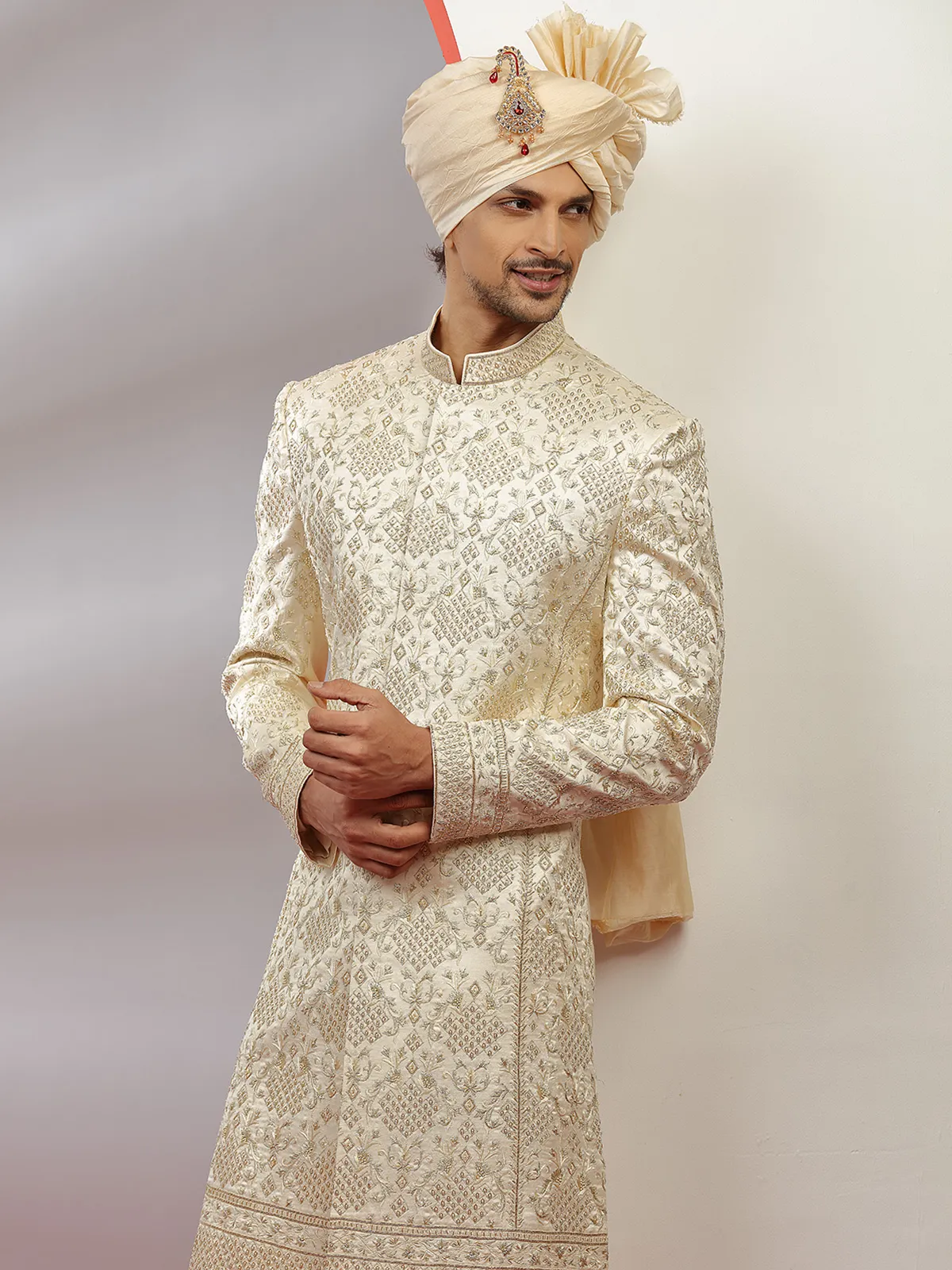 Groom wear raw silk sherwani in cream for men