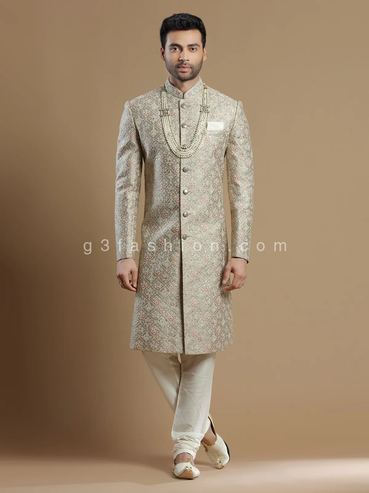 Groom wear raw silk sherwani in fawn beige