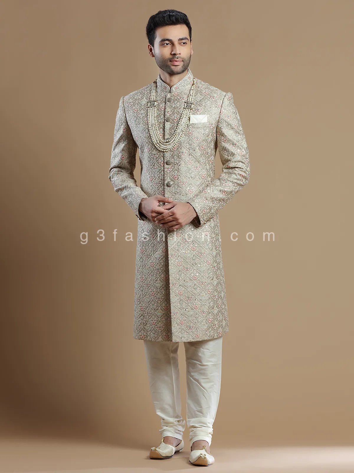 Groom wear raw silk sherwani in fawn beige