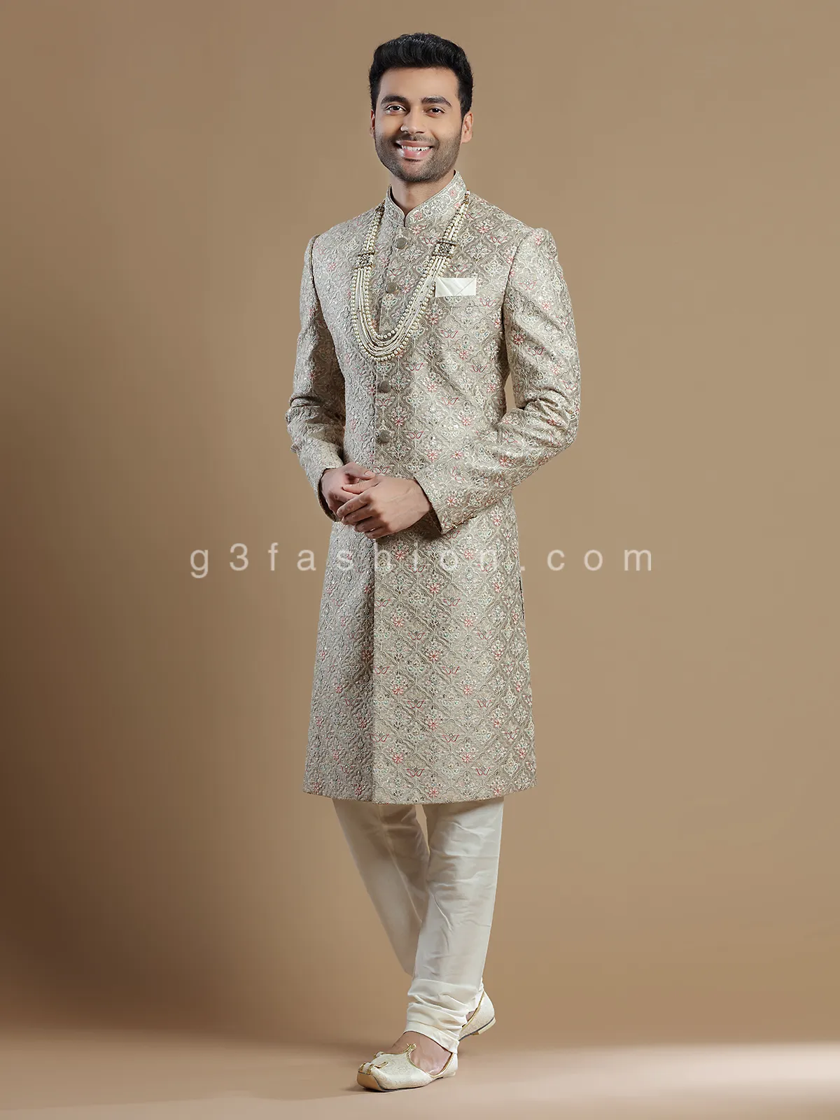 Groom wear raw silk sherwani in fawn beige