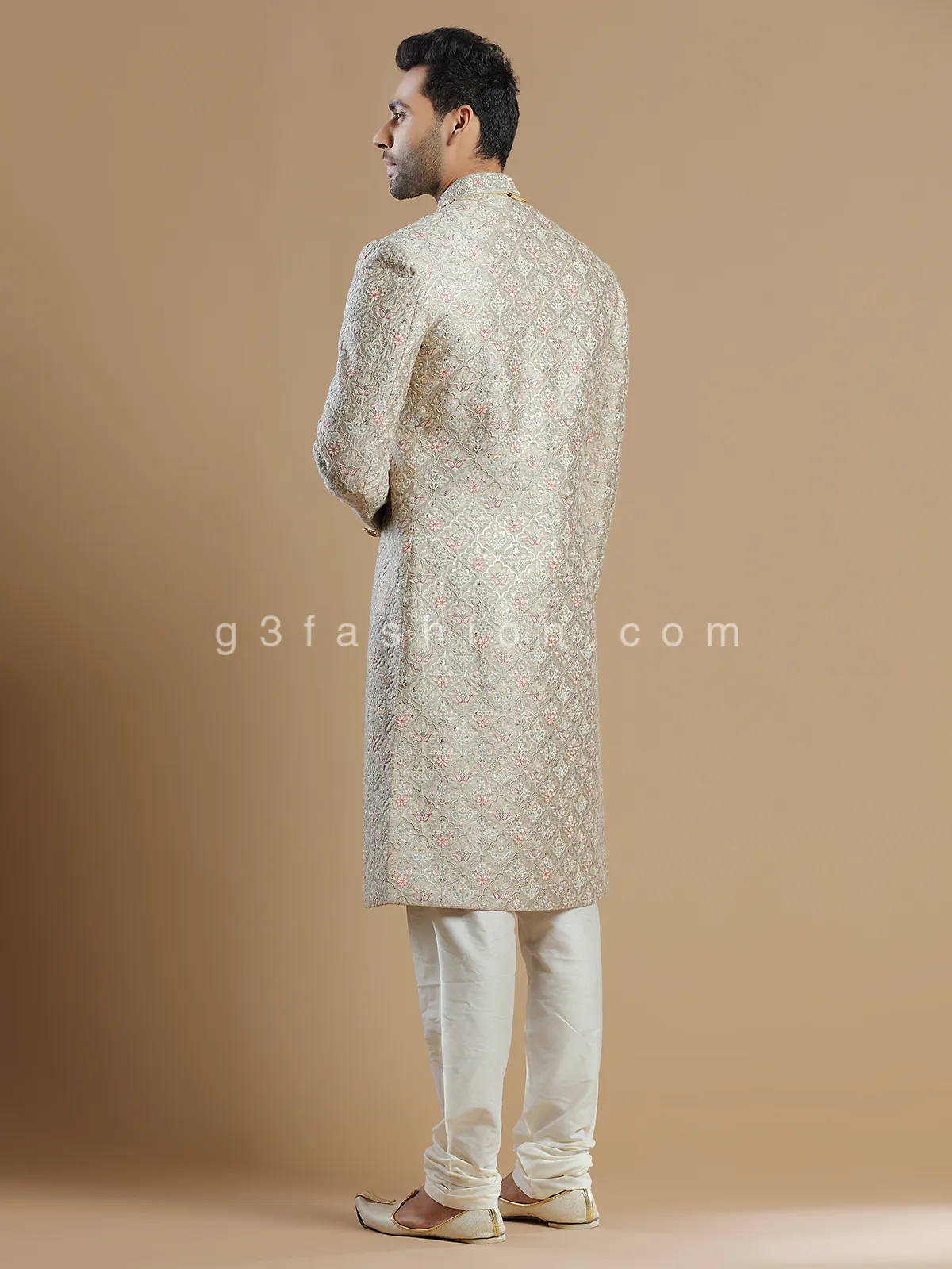 Groom wear raw silk sherwani in fawn beige