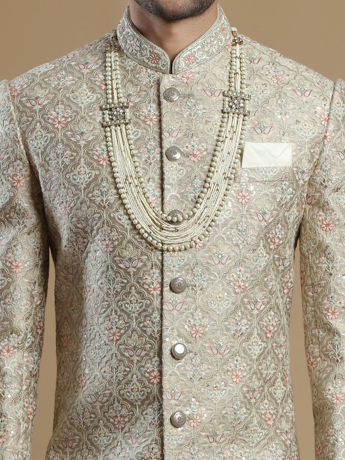 Groom wear raw silk sherwani in fawn beige