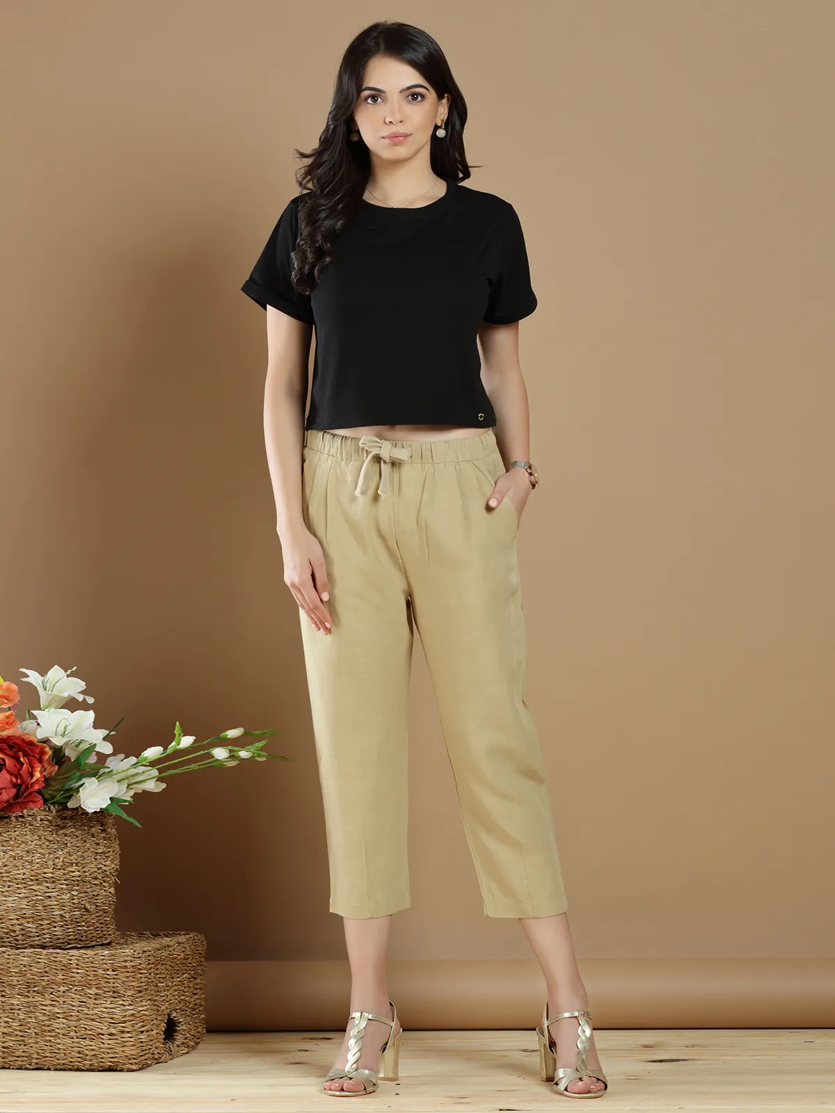 Hazel yellow plain pant for casual wear in cotton