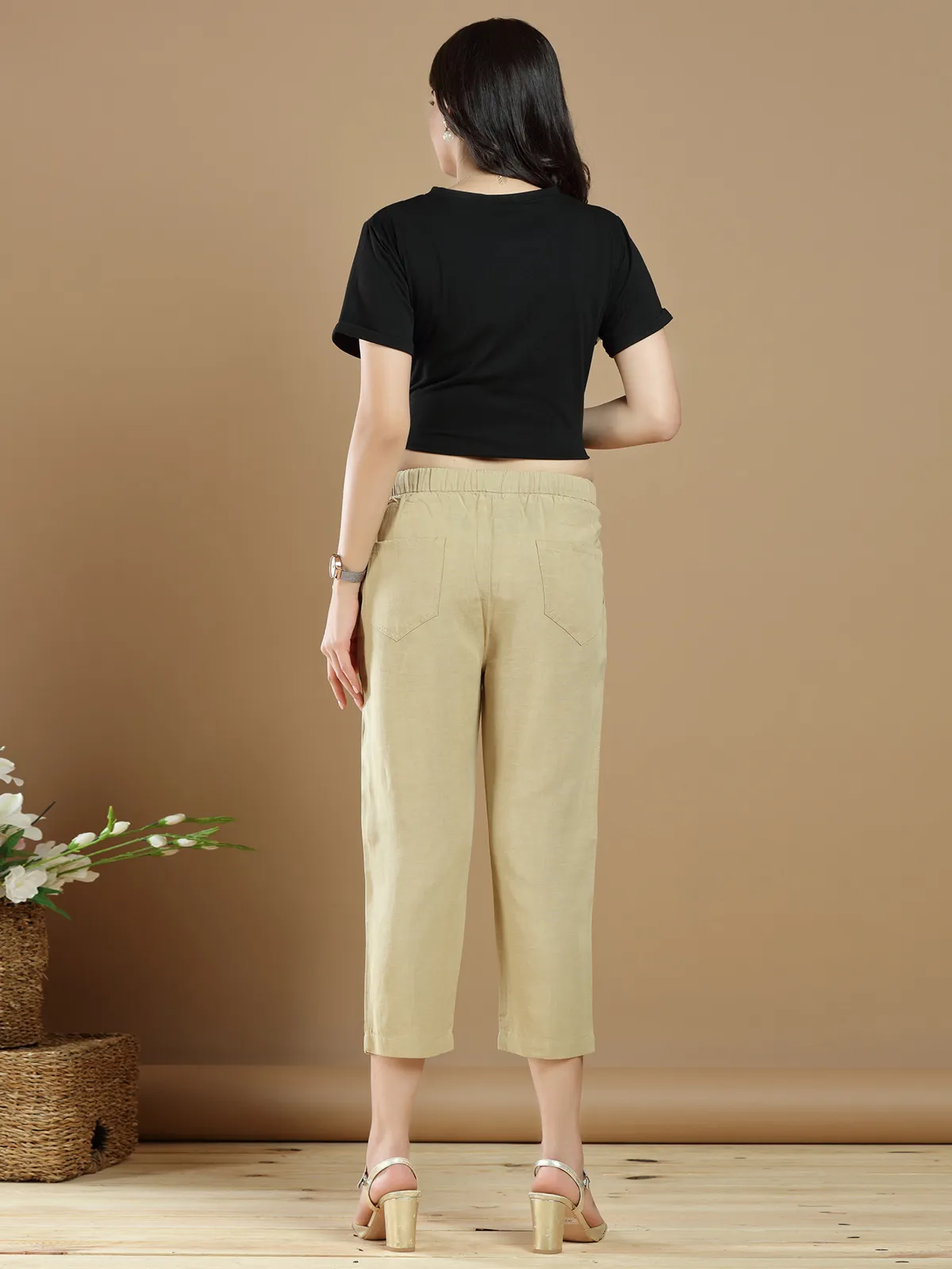 Hazel yellow plain pant for casual wear in cotton