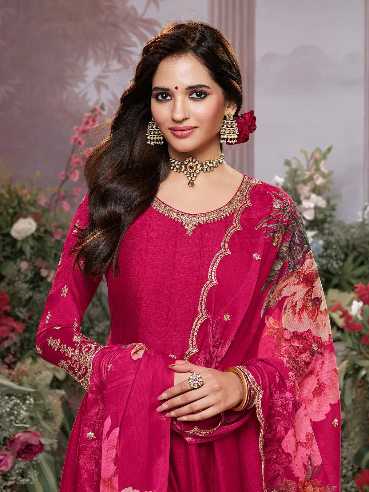 Hot pink vibrant chinon salwar suit for women
