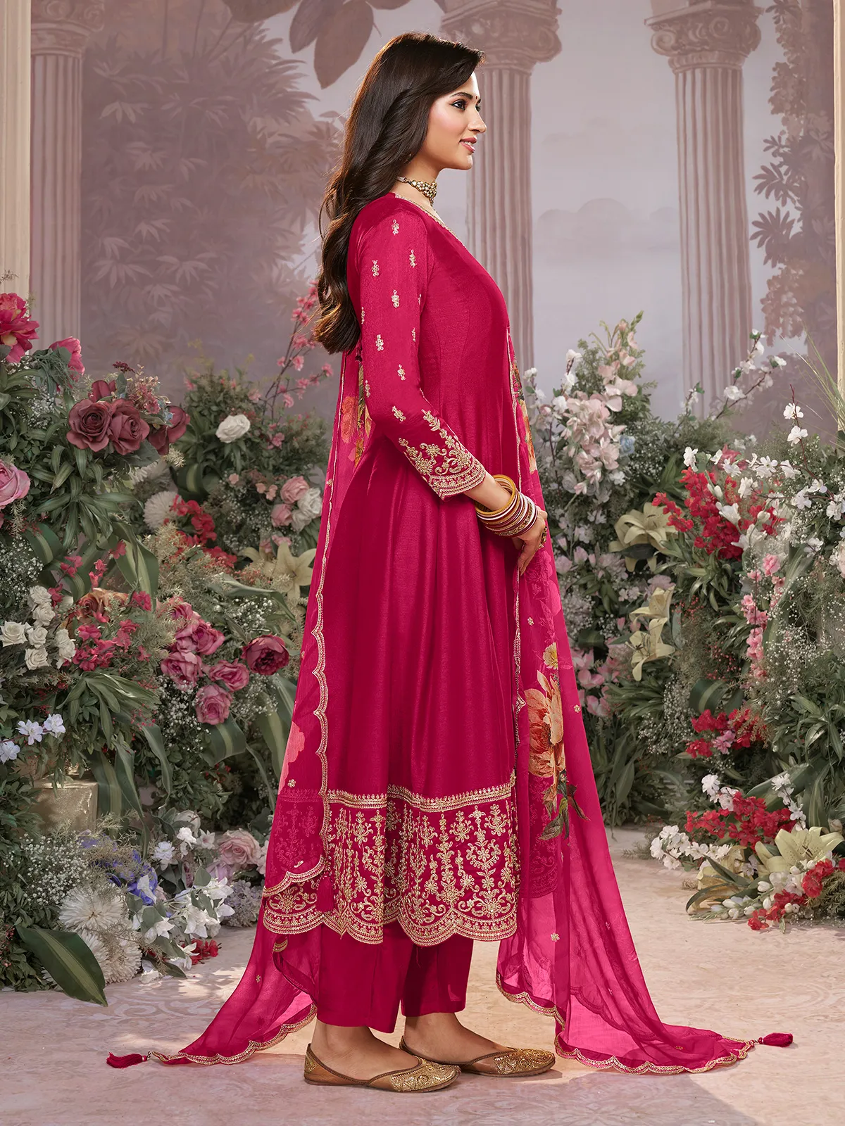 Hot pink vibrant chinon salwar suit for women
