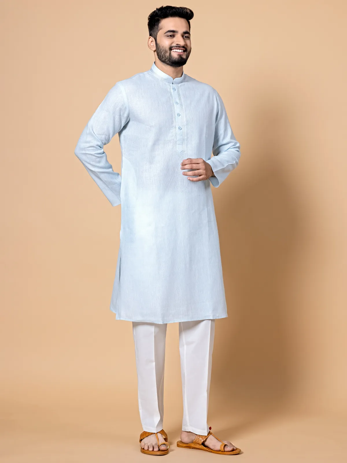 Ice blue linen plain kurta suit