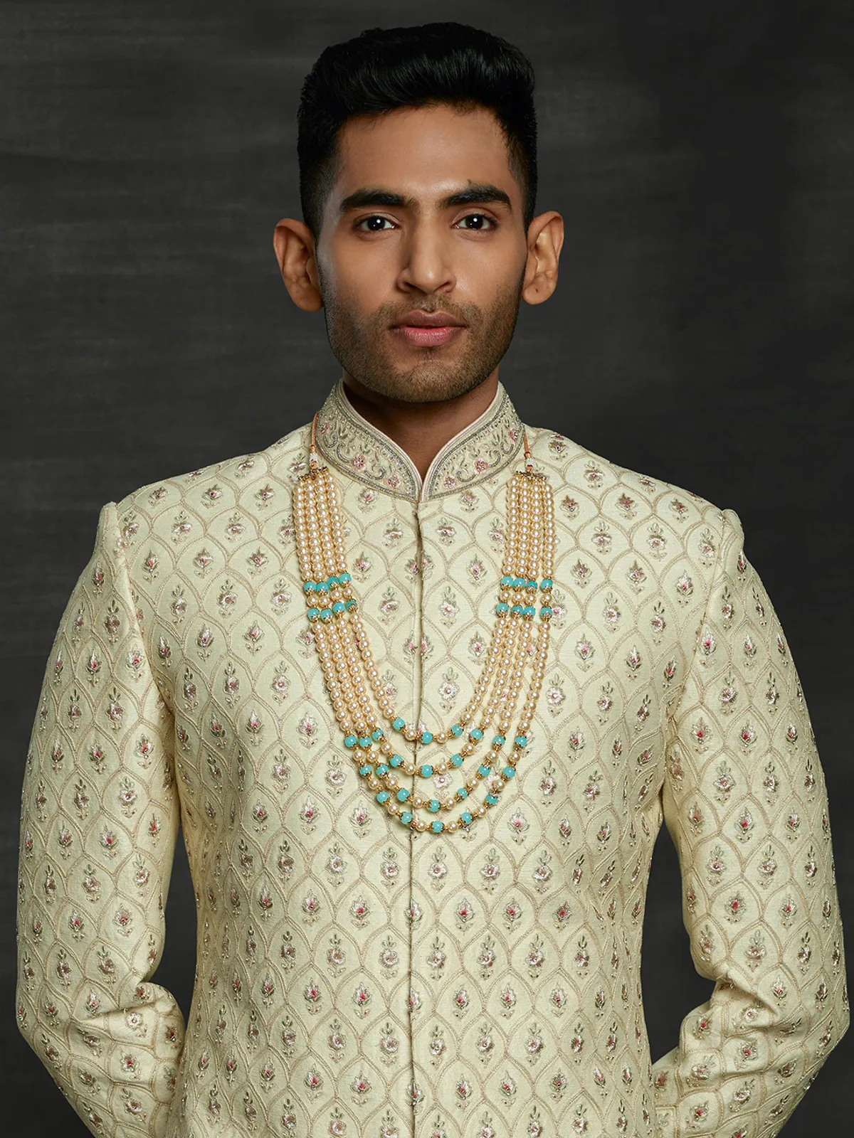 Iconic beige double layer sherwani in silk