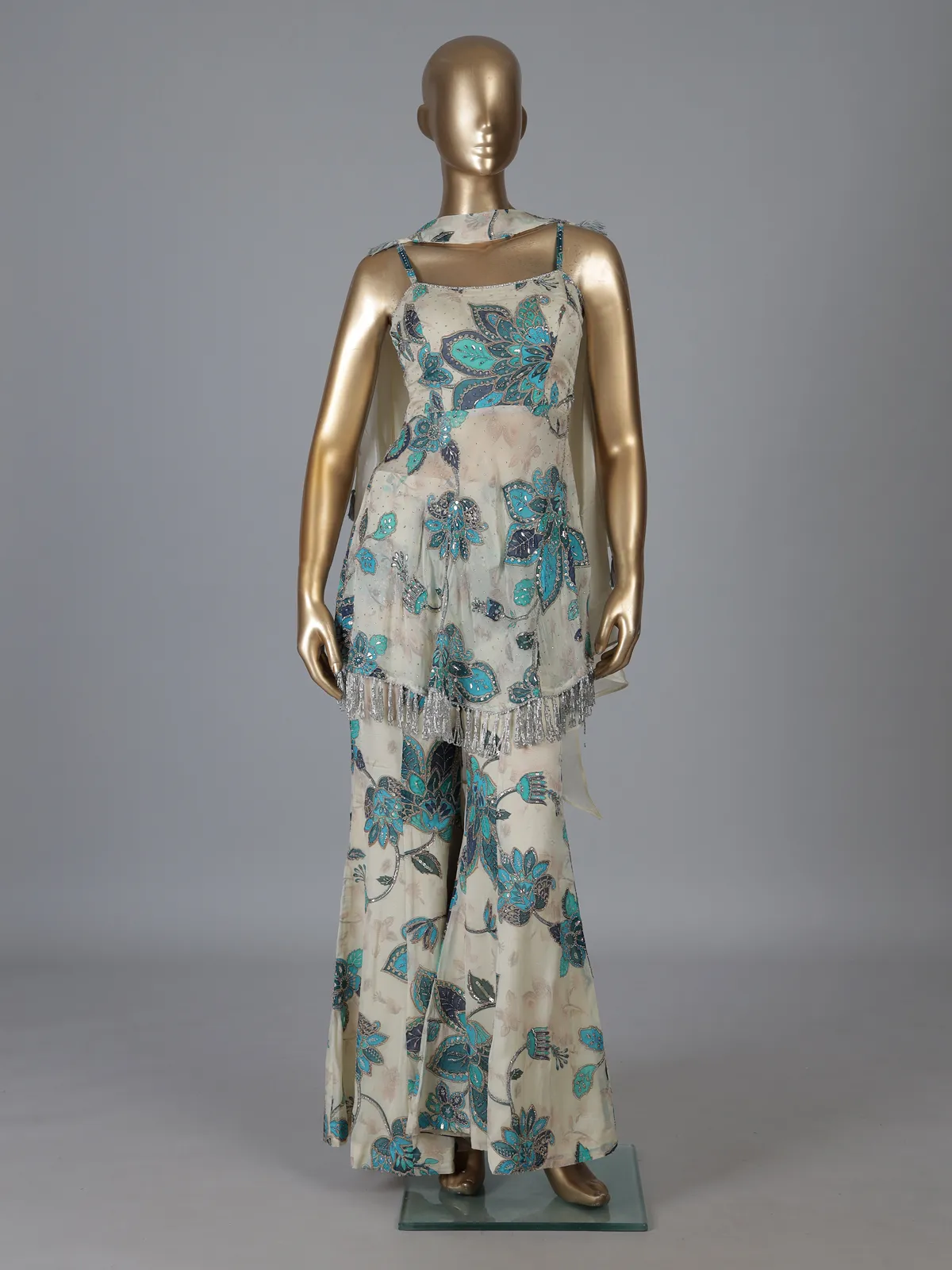 Ivory crepe georgette party wear sharara suit