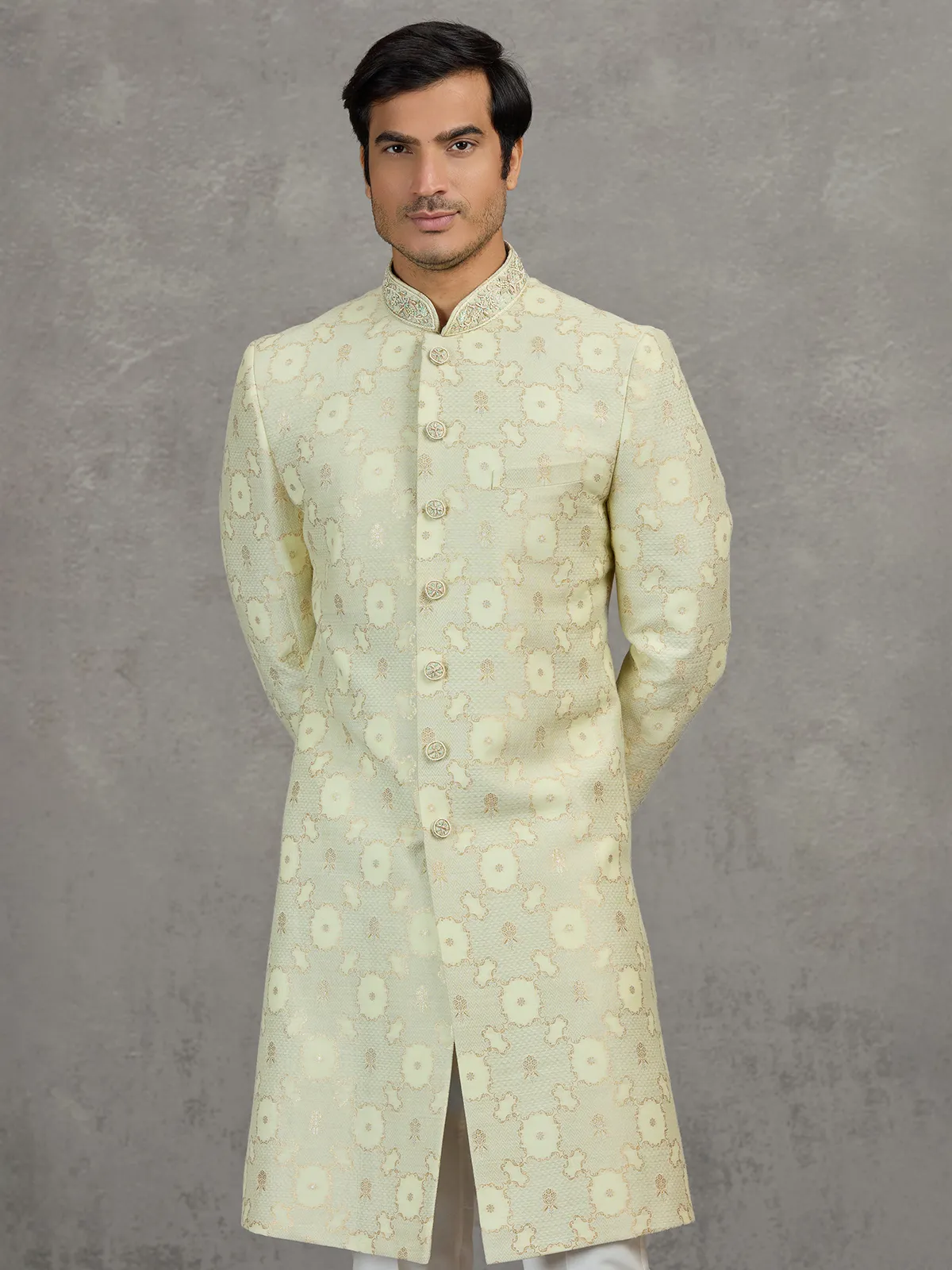 Ivory jacquard wedding indowestern set with zari work