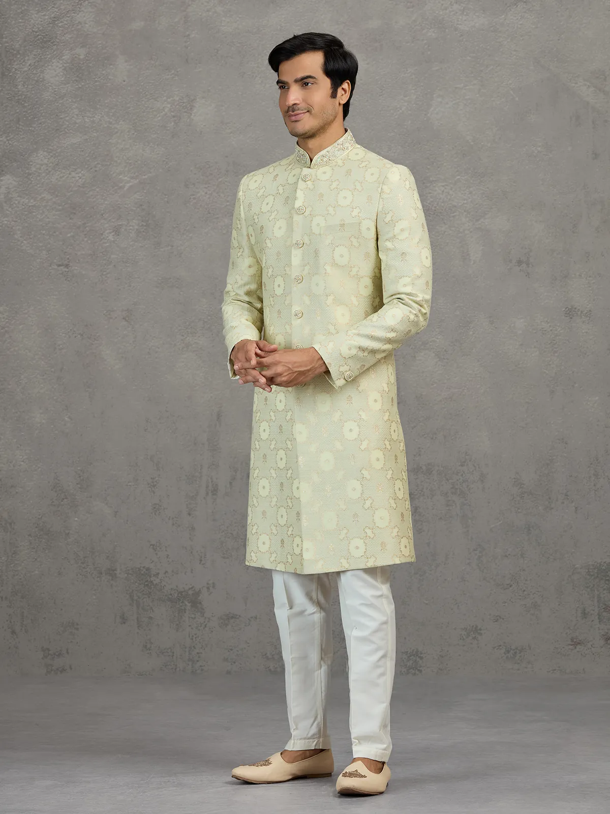 Ivory jacquard wedding indowestern set with zari work