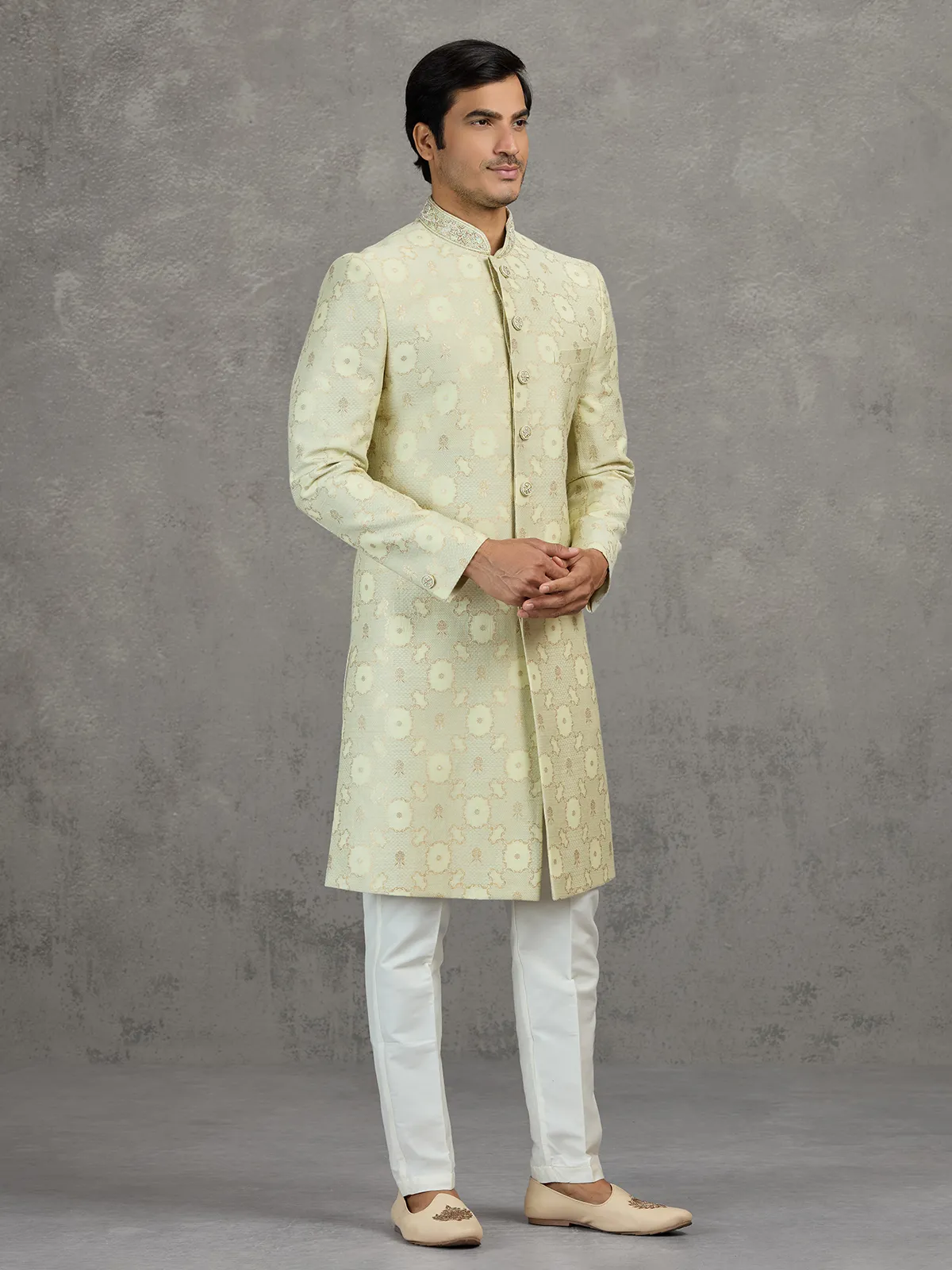 Ivory jacquard wedding indowestern set with zari work