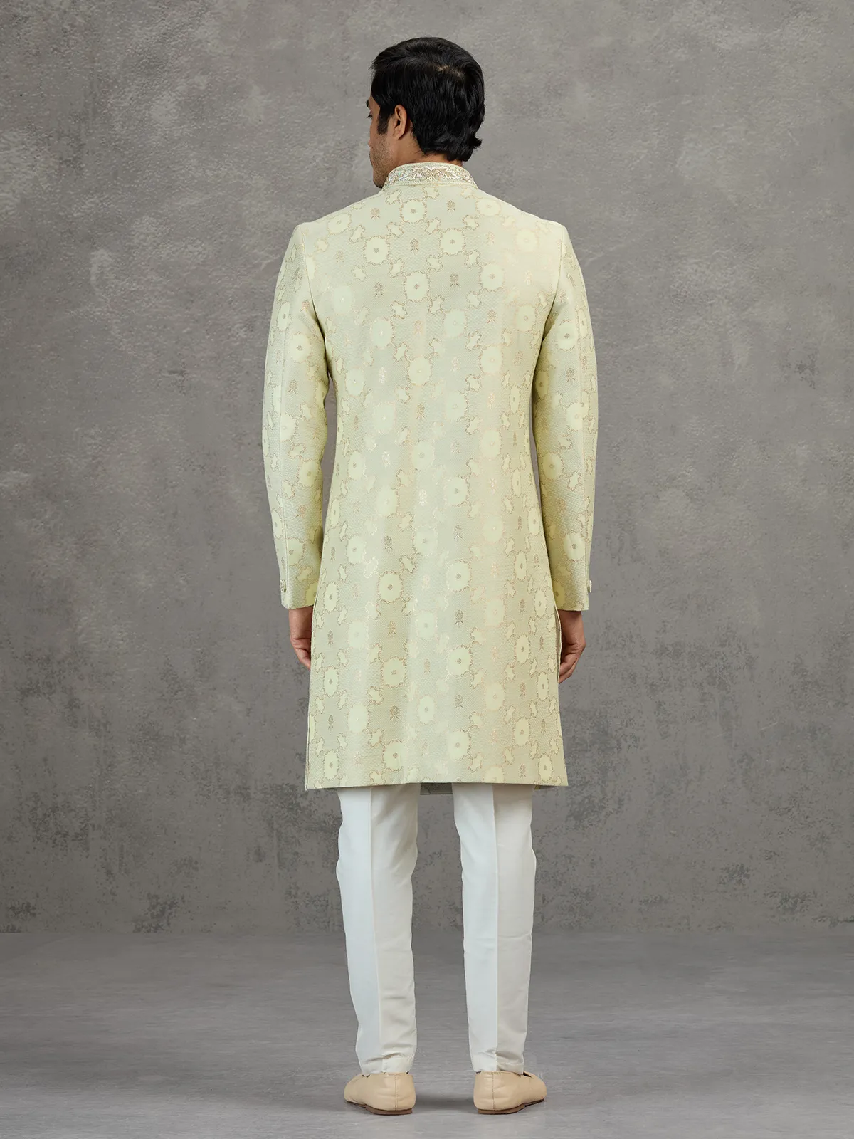 Ivory jacquard wedding indowestern set with zari work