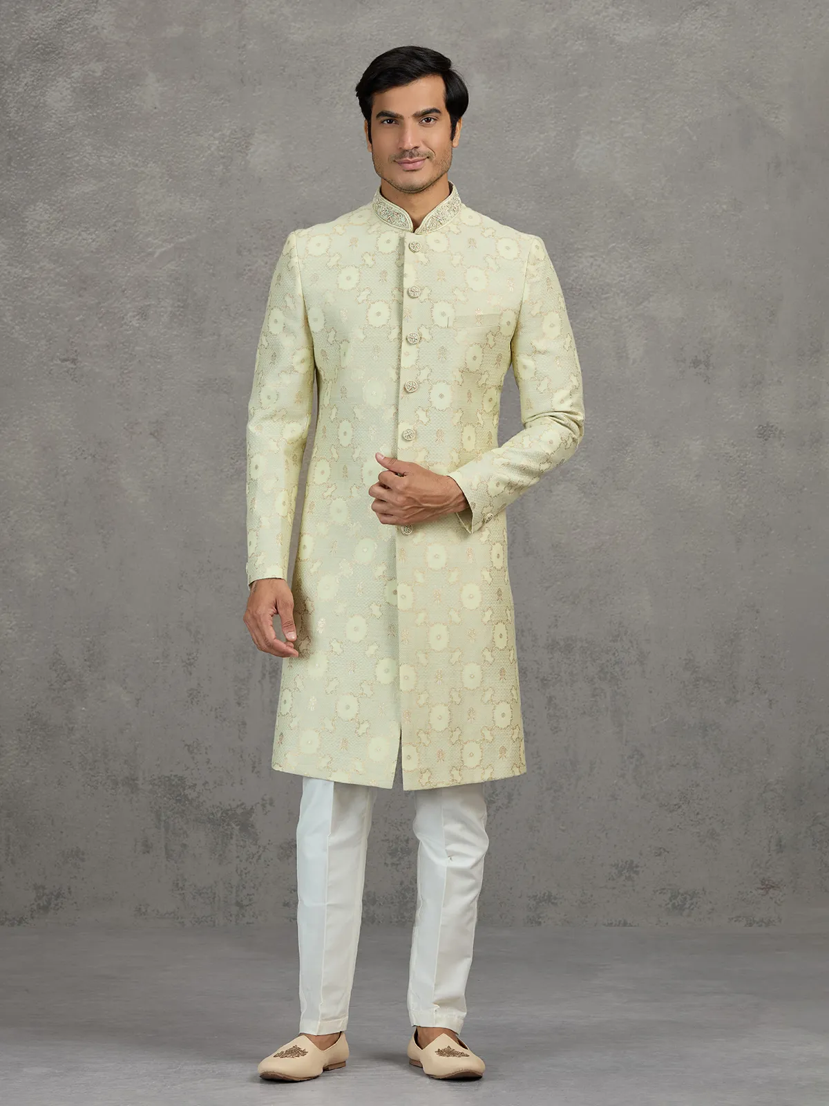 Ivory jacquard wedding indowestern set with zari work